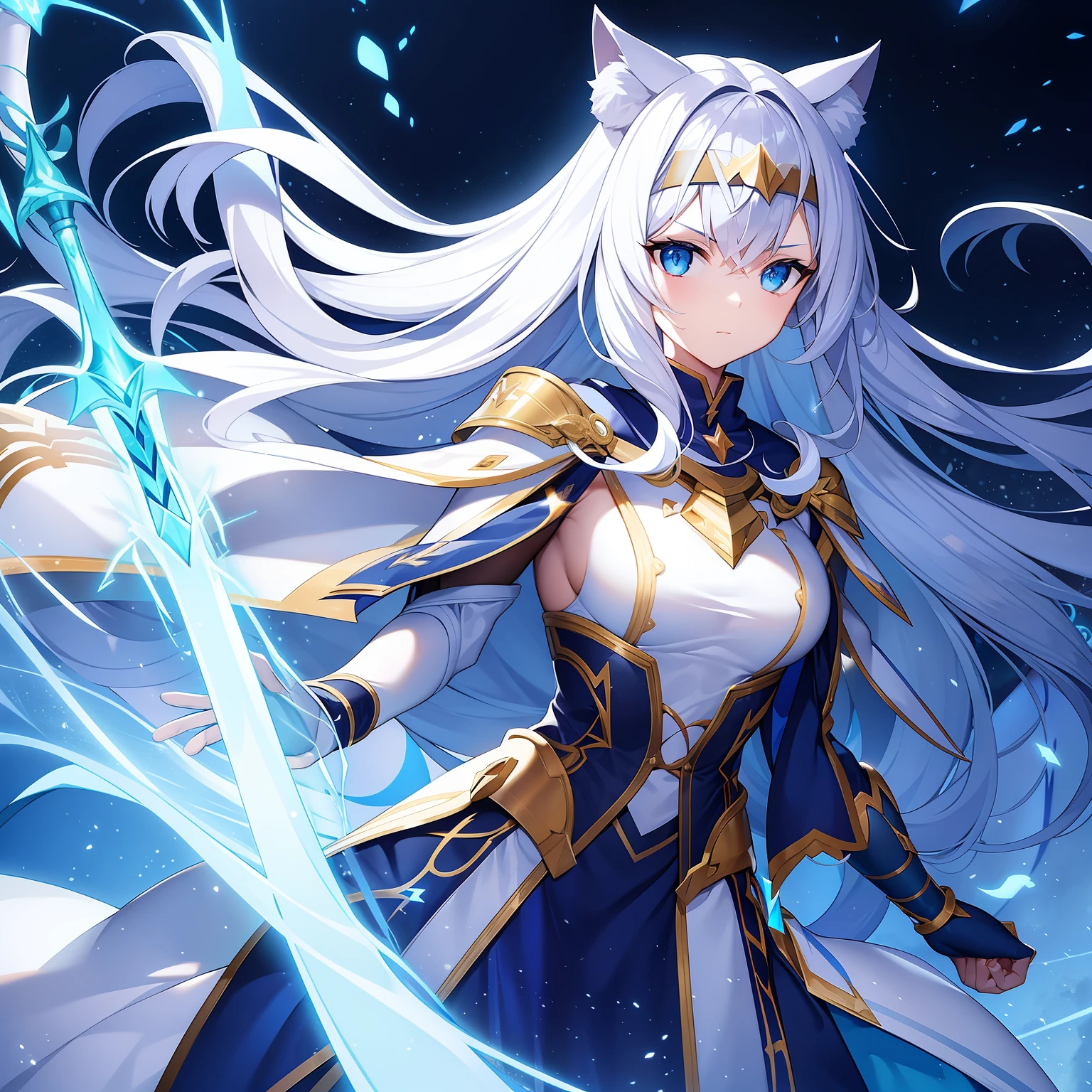 She stretches out her arms to unleash a blade of light from, Wearing goggles on the forehead,Blue Light Blade((lightning bolt)),