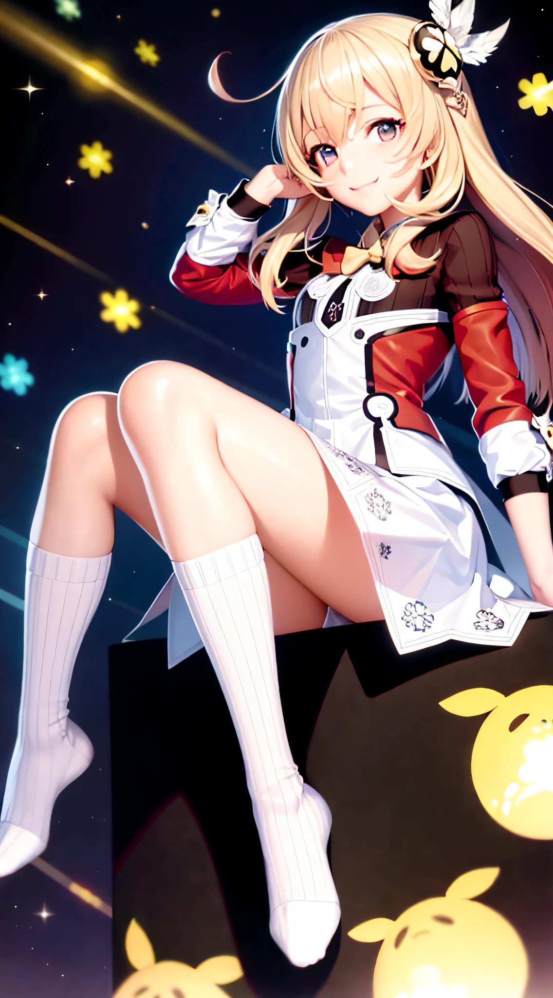 tmasterpiece， Best quality at best， 1girll， ssmile， high school school uniforms，  Ribbed legs，genshinimpact， carismatic\（The object\）， Light particle background