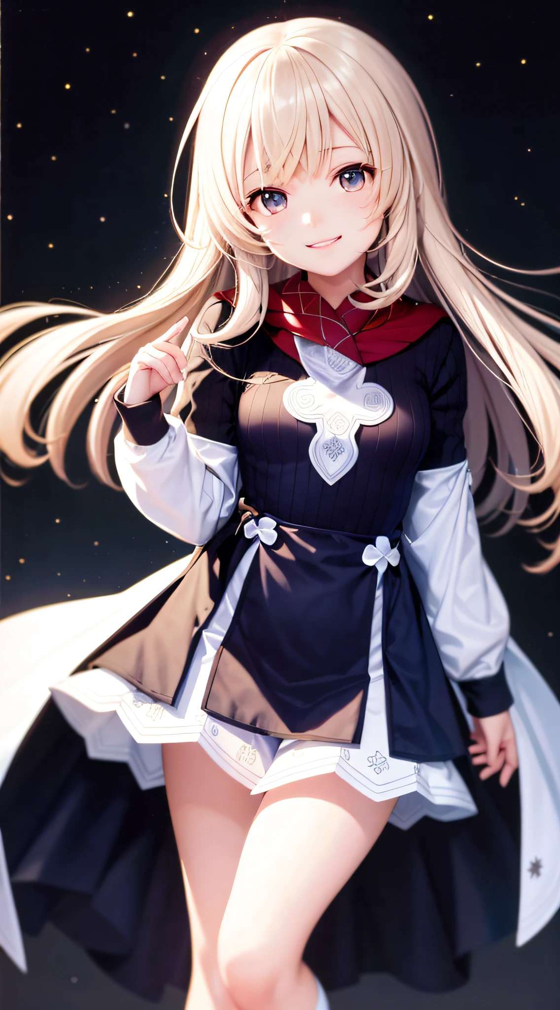 tmasterpiece， Best quality at best， 1girll， ssmile， high school school uniforms，  Ribbed legs，genshinimpact， carismatic\（The object\）， Light particle background