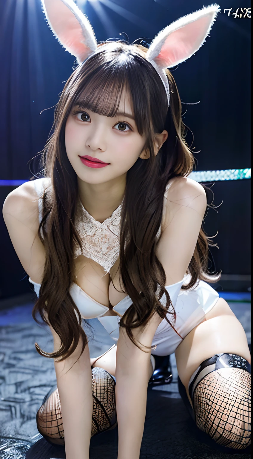 Inside the nightclub, (RAW photo: 1.2), of the highest quality, Beautiful detailed girl, Bunny ears, Smile, Highly detailed eyes and face, Beautiful detailed eyes, hugefilesize, high resolution, high resolution, 8K wallpaper, finedetail, Highly detailed ticker uniform 8K wallpaper, light in face, Movie lighting, 25-year-old girl, Sexy pose, (Photorealism: 1.4), illustration, surrealism, From below, Super detail, masutepiece, Playboy bunny costume, fishnets pantyhose, on the floor on all fours