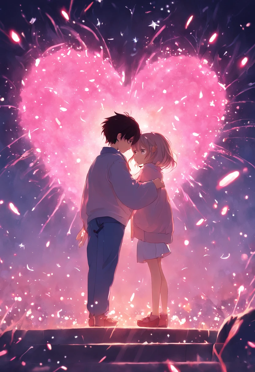 the night,In pink,Fireworks all over the sky,Heart-shaped bubbles,Child couples,Cartoony,Chubby little girl and little boy hugging each other,Glowing fireflies around,,Cute and cute,KIDS ILLUSTRATION,Glow effects,Dingdall effect,depth of fields,high light,Real light,Ray traching,oc rendered,Hyper-realistic,best qualtiy,8K,Works of masters,super-fine,Detailed pubic hair,Correct anatomy,sharp focus on eyes,Bokeh,Facial features are carefully depicted