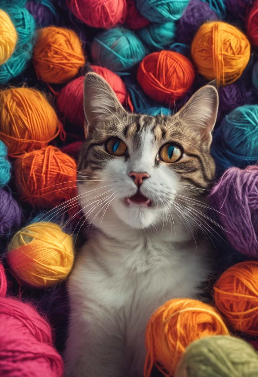 Illustrate two cats playing animatedly with a colorful wool ball. Let all the energy and fun they're having in this moment of play show