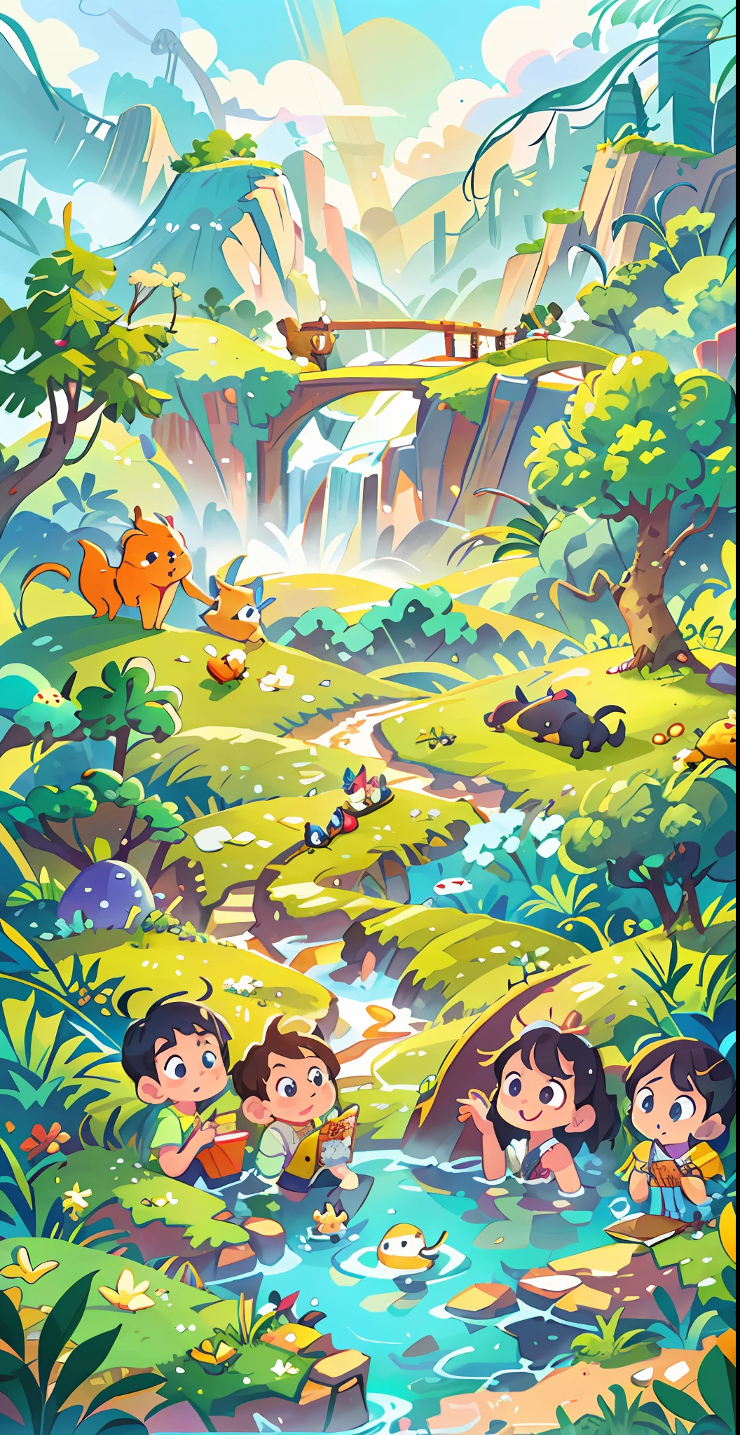 Chinese ancient times, spring, jungle, lake, cave, waterfall, tree, meadow, rock, hot spring, a plant，volcanoes，coconut palms，Antiquity，jurassic，Ancient plants，rios，grass field，grassy fields，Faraway view，mont，volcanoes，cliff，​​clouds，sun light， water vapor, illustration，Cartoon drawing，Lively children's drawing，Illustrations in storybooks，Cartoon coloring page，KIDS ILLUSTRATION，Disney，cartoony，Paramount，dreamworks，(illustration: 1.0), epic composition, realistic lighting, HD details, masterpiece, best quality, (very detailed CG unified 8k wallpaper)