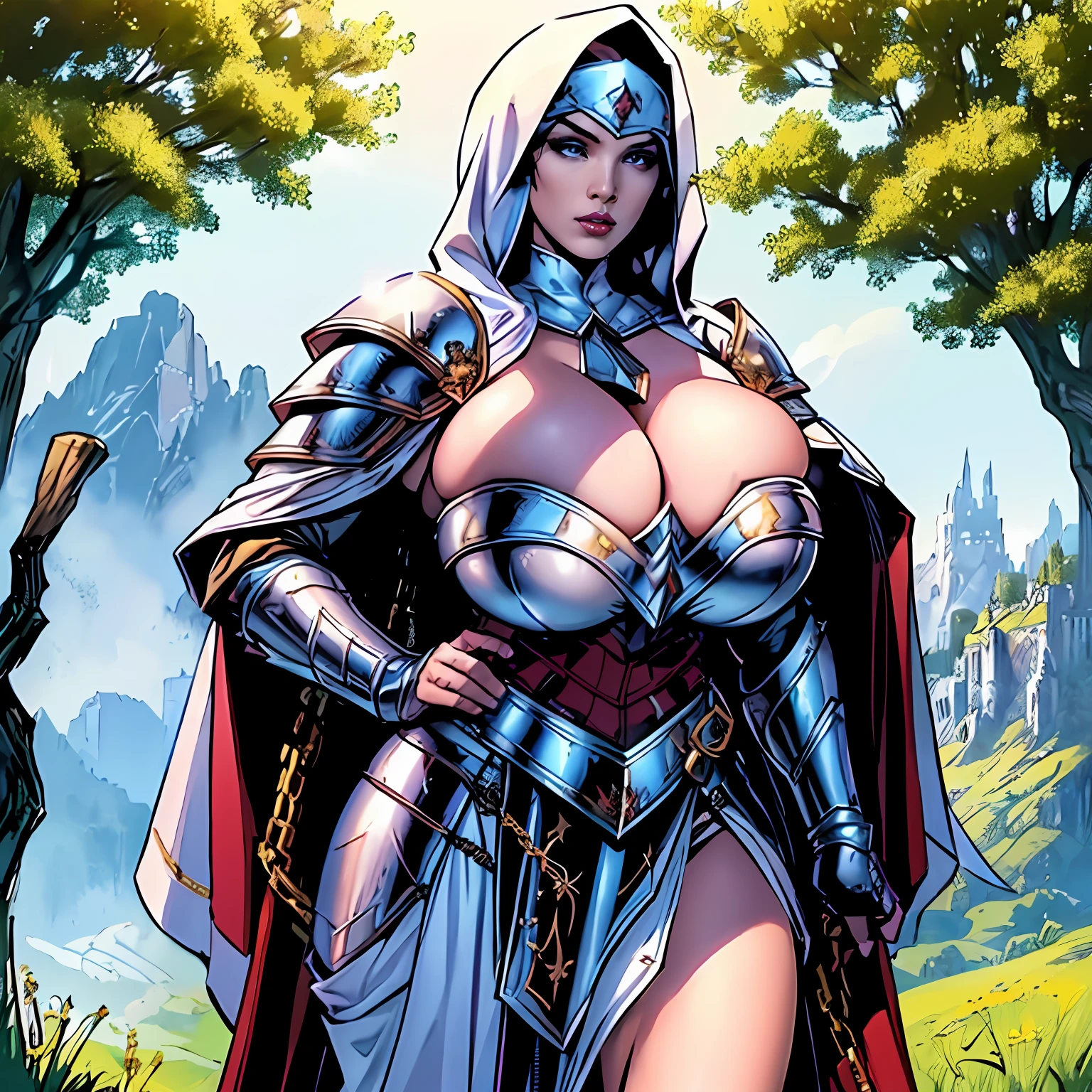 (masterpiece, top quality, best quality, official art, beautiful and aesthetic:1.2), (1girl:1.3), light freckles, fair skin, extremely detailed, portrait, looking at viewer, solo, (full body:0.6), detailed background, close up, (warm grasslands theme:1.1), holy paladin knight, charlatan, smirk, mysterious, swaying in mountains, skimpy attire, ornate white and gold armor, cowl, nun hood, wimple, cowl, robe, chain mail, chainmail, breastplate, tabard, gorget, hood, pauldrons, greaves, armored, long boots, longsword, shield, cape, cloak, white fabric, pale leather, ((((gigantic breasts)))), slim waist, slim hips, long legs, medieval (mountain exterior:1.1) background, dark mysterious lighting, shadows, magical atmosphere, dutch angle,