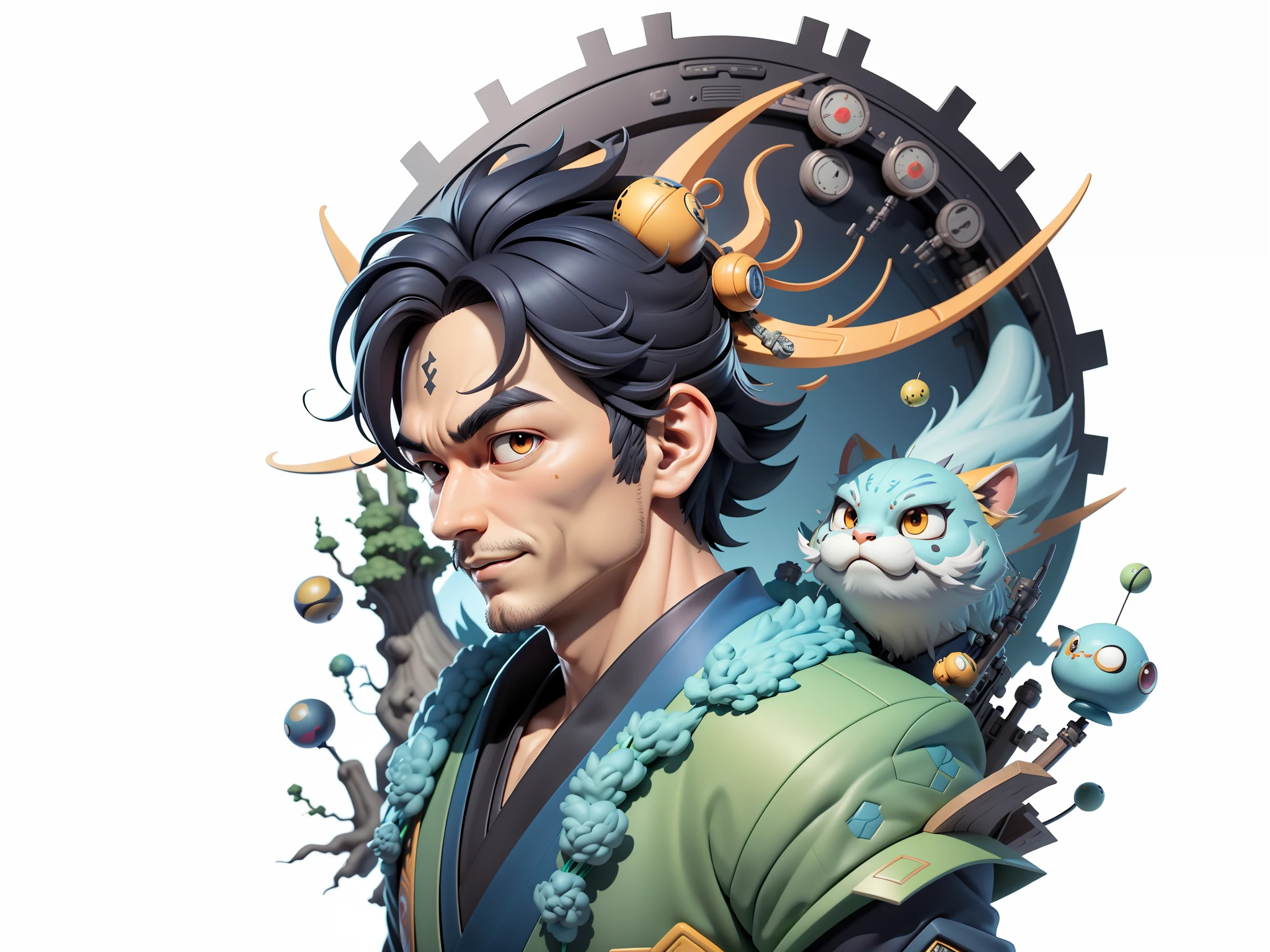 (Masterpiece), (Excellent), (Super Meticulous), (Full Body: 1.2), Super Young Man, Oriental Face, Japanese Kimono, Japanese Wind Thunder God, Dragon, Tiger, TV Anchor, Bust Portrait Illustration, Alone, Black Suit, Blue Tie, Slightly Chubby Face, Very Clean Face, No Beard, Black Super Short Hair, Black Eyes, Confident Smile, 3c Computer Sub-Products, iPad, iPhone, Digital Painting, 3D Character Design by Akira Toriyama and Mark Claireden and Pixar and Hayao Miyazaki, The illustration is a high-definition illustration in 4K resolution with very detailed facial features and cartoon-style visuals.