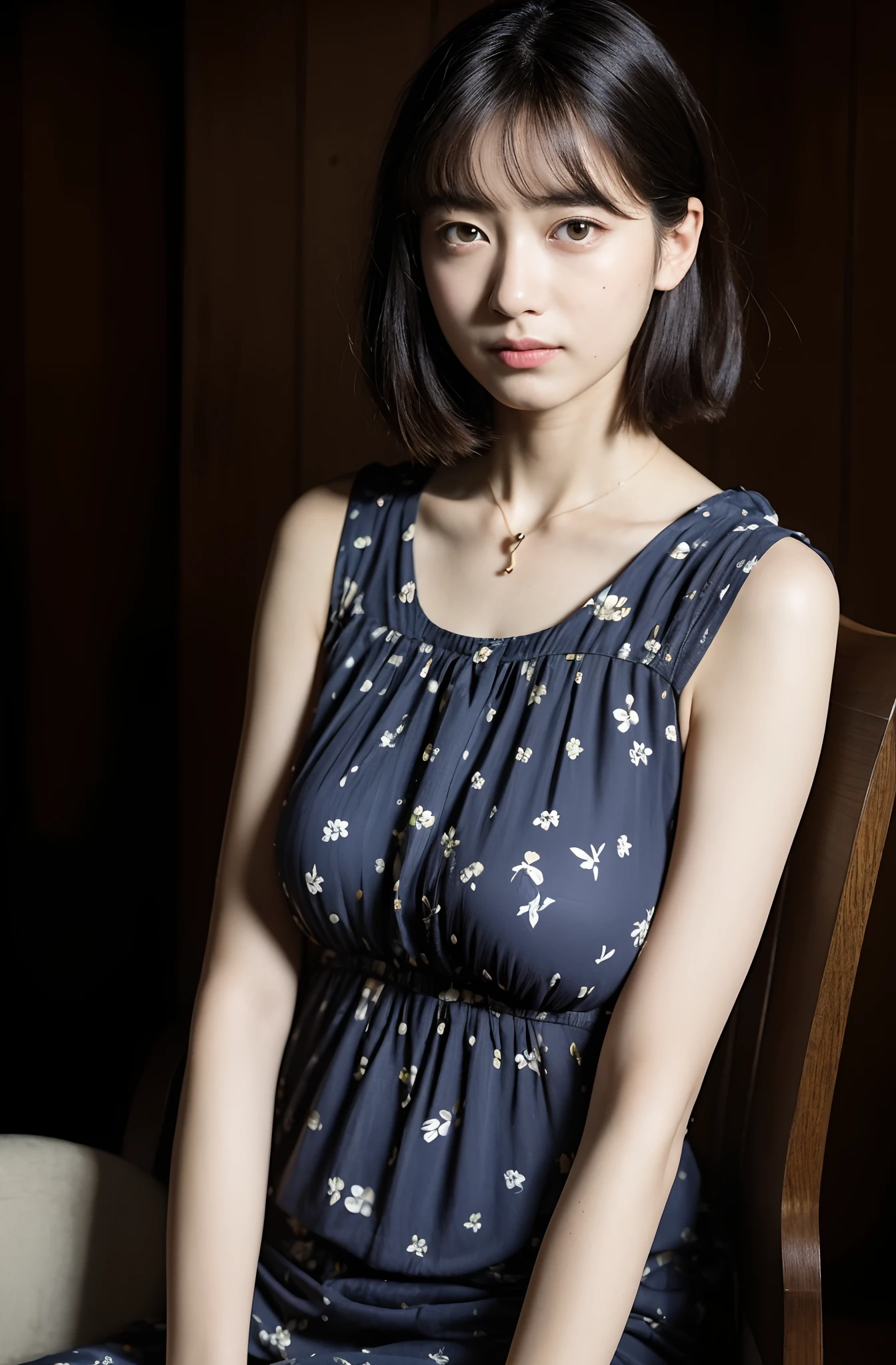 8K、top-quality、masterpiece、超A high resolution、photo-like、SLR、beautiful japanese female、Elegance、There is a good、Double eyes、Gentle face、Beauty of the wind、Moist beauty、short-cut、The eyes are far away、Transparent atmosphere、Beautiful face、Raised corners of the mouth、drooing eyes、Tanuki face、wrist watch、a necklace、A bracelet、Gradient lighting、Drop long bangs to the side、Girls and men、Delicate skin、Look into the distance、Brown-eyed、up chest、the shape of the chest is clear,,,,,,,,,,,,,,,,,,,、very very gigantic boobs、breasts are large、Raw photography、(pureerosface_v1:0.5)、Ruffled Armhole Floral Top、blouse、Round Neck、Small floral pattern、Small flower pattern、Ruffle button、Off-white collar、white clothes、Sleeveless、I can see my、High West、A-Line、Take your eyes off、subject、Lean、Look here、deep in the night、Ass big、big butts、bbw、Sit up、s Office、sit a chair、Have a coffee tumbler、relax、Sit deeply in a chair、White tops、smil、Put your hands on your knees、
