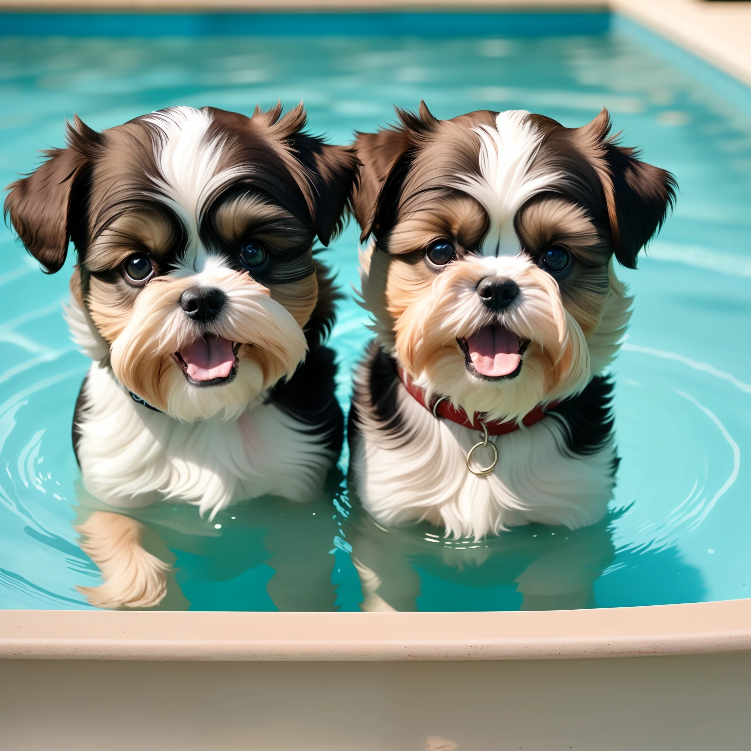 hyper Quality,Cute two Shih Tzu puppies,different body colors,swimming in the pool,smile,black eyes,barking,narrow eyes,smile,eos r3 28mm