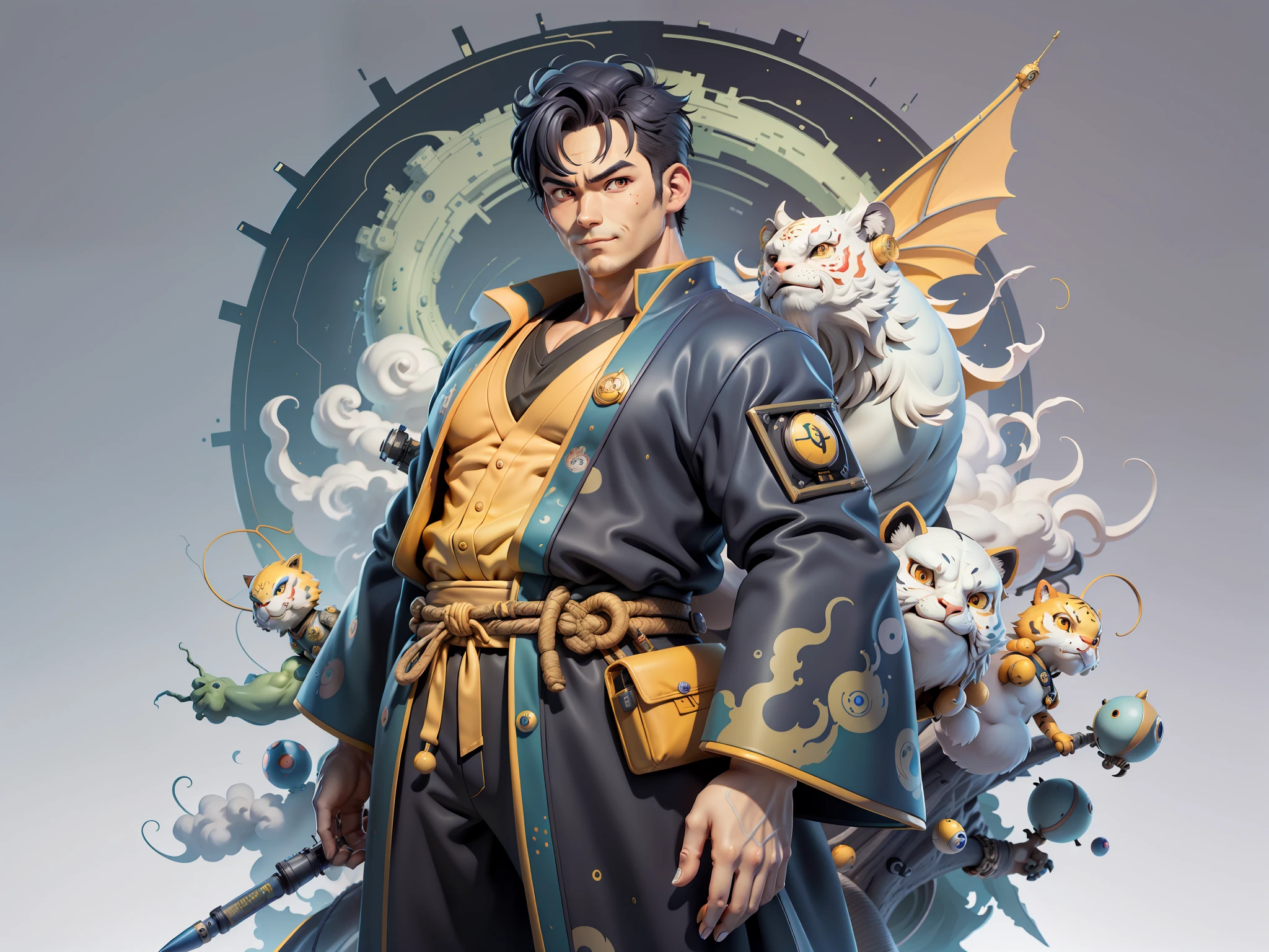 (Masterpiece), (Excellent), (Super Meticulous), (Full Body: 1.2), Super Young Man, Oriental Face, Japanese Kimono, Japanese Wind Thunder God, Dragon, Tiger, TV Anchor, Bust Portrait Illustration, Alone, Black Suit, Blue Tie, Slightly Chubby Face, Very Clean Face, No Beard, Black Super Short Hair, Black Eyes, Confident Smile, 3c Computer Sub-Products, iPad, iPhone, Digital Painting, 3D Character Design by Akira Toriyama and Mark Claireden and Pixar and Hayao Miyazaki, The illustration is a high-definition illustration in 4K resolution with very detailed facial features and cartoon-style visuals.