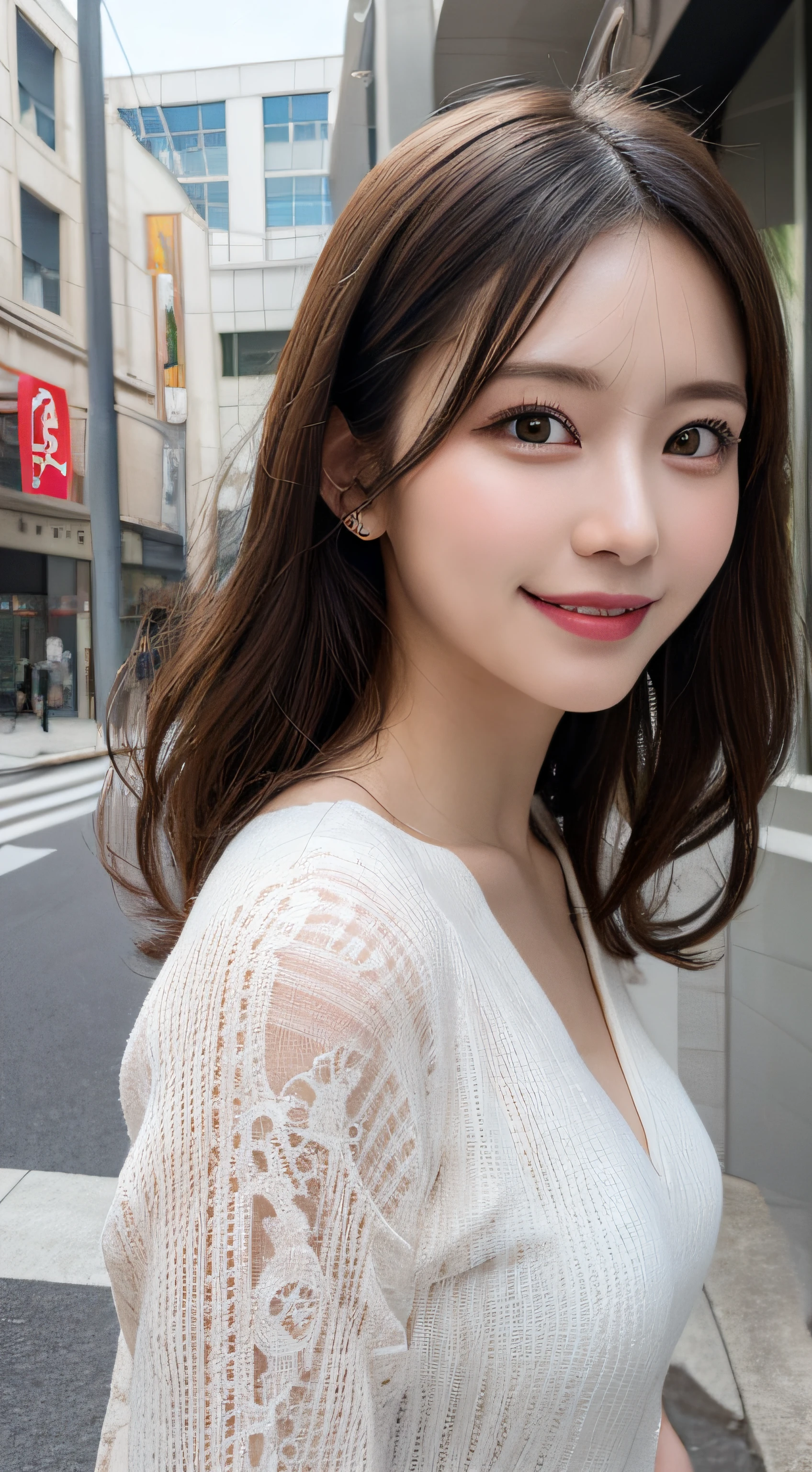 masutepiece, Best Quality, Illustration, Ultra-detailed, finely detail, hight resolution, 8K Wallpaper, Perfect dynamic composition, Beautiful detailed eyes, doress,Medium Hair, Natural Color Lip, Random and sexy poses,Smile,Aoyama Street Walk、30-year-old girl