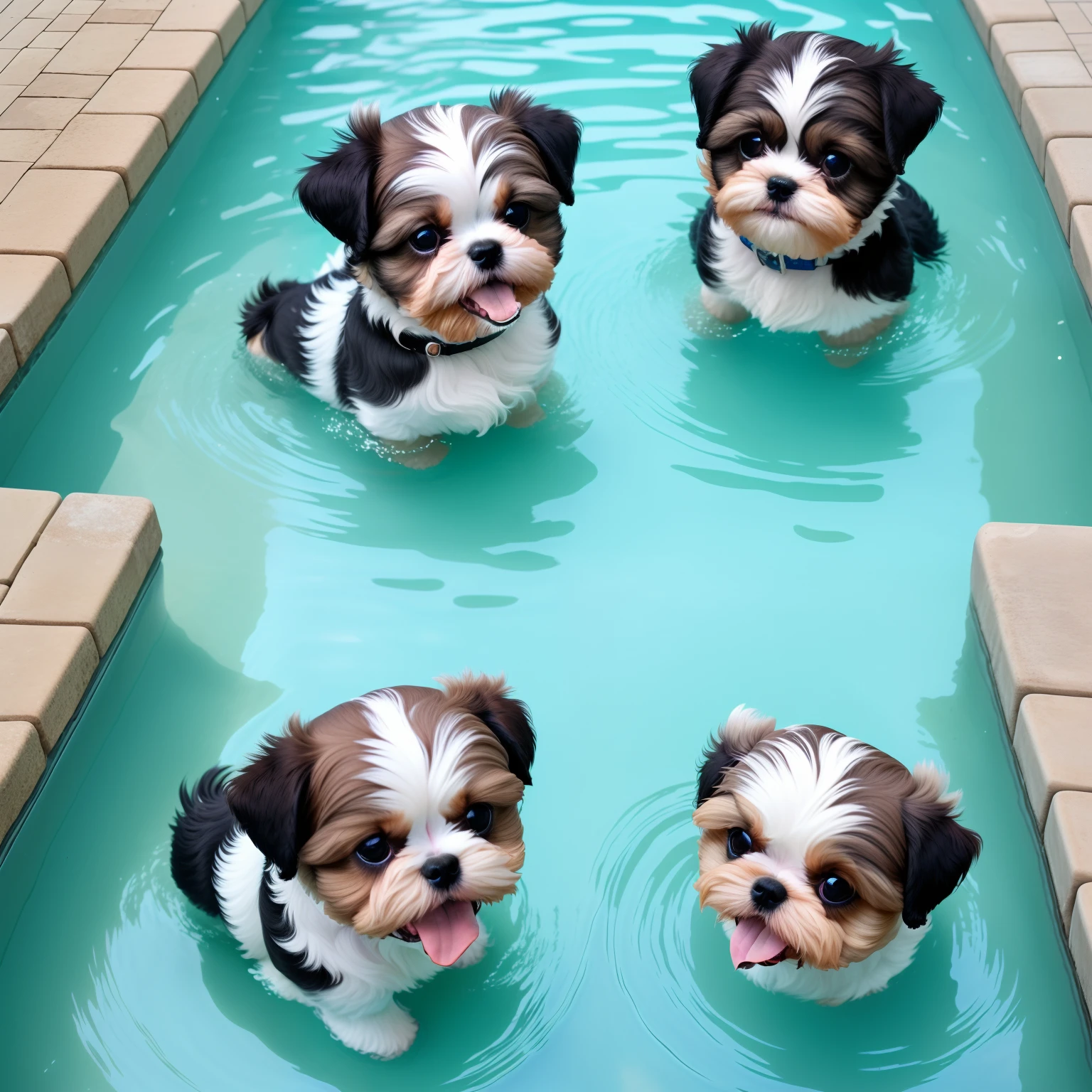 hyper Quality,Cute two Shih Tzu puppies,different body colors,swimming in the pool,smile,black eyes,barking,narrow eyes,smile,eos r3 28mm
