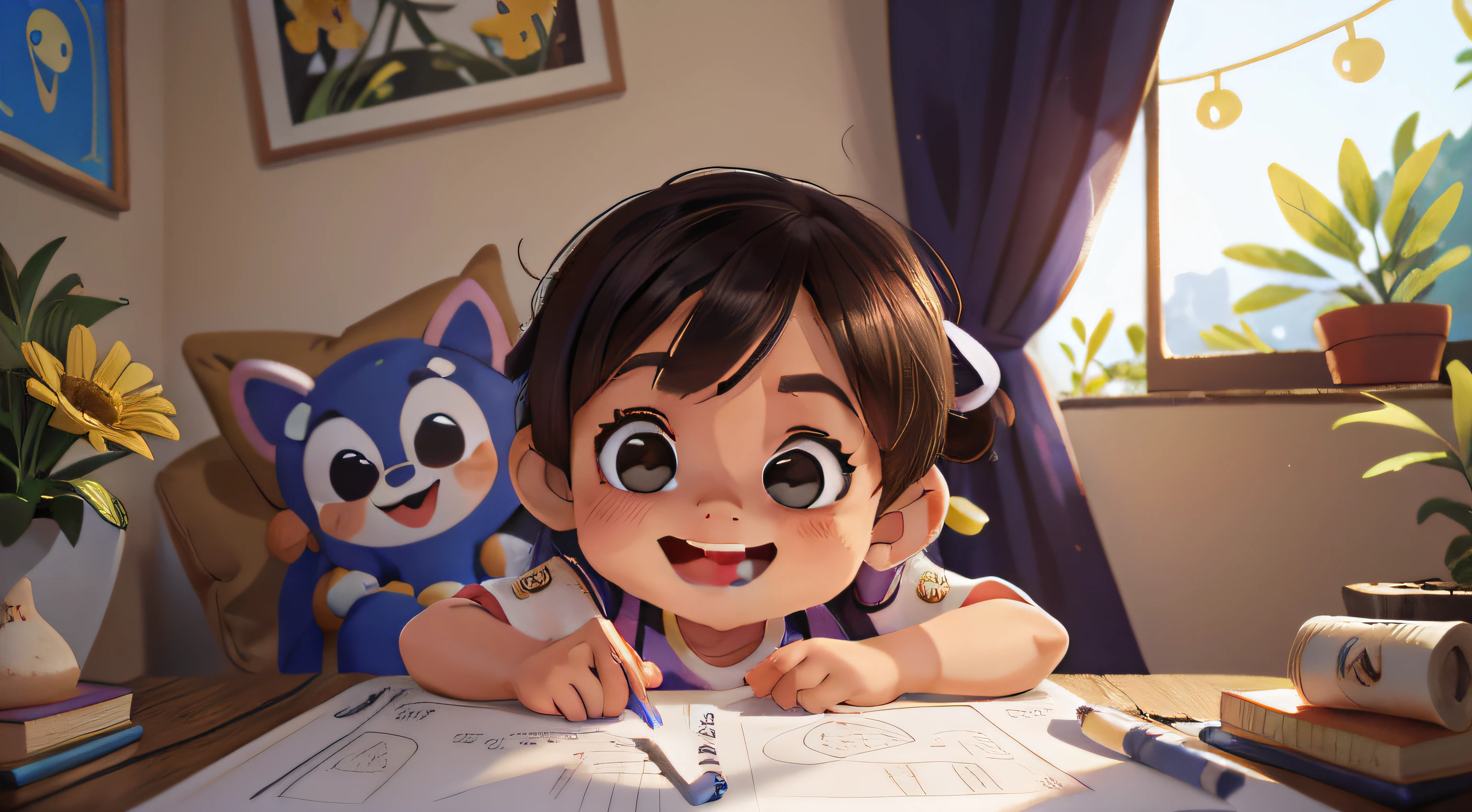 , Sorrindo, Olhos Brilhantes, Ana, Lucas, Casa Aconchegante (desenho)