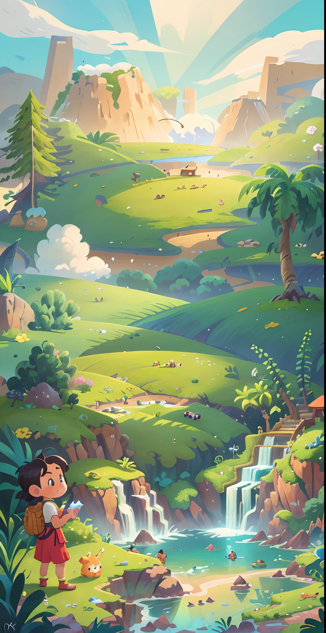 Chinese ancient times, spring, jungle, lake, cave, waterfall, tree, meadow, rock, hot spring, a plant,volcanoes,coconut palms,Antiquity,jurassic,Ancient plants,rios,grass field,grassy fields,Faraway view,mont,volcanoes,cliff,clouds,sun light, water vapor, illustration,Cartoon drawing,Lively children's drawing,Illustrations in storybooks,Cartoon coloring page,KIDS ILLUSTRATION,Disney,cartoony,Paramount,dreamworks,(illustration: 1.0), epic composition, realistic lighting, HD details, masterpiece, best quality, (very detailed CG unified 8k wallpaper)