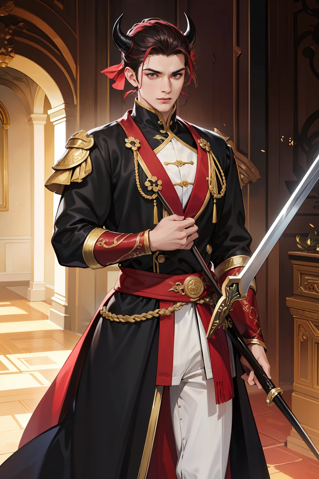 NSFW, obra-prima, melhor qualidade, ultra-detalhado, semi-realista, detailedfacialfeatures, 2 homens maduros, vestindo roupas antigas wuxia hanfu, cabelos brancos,longos,olhos vermelhos,demon horns on head,manly,cor da roupa vermelha escuro,forte,Demon tail, Villanious,homem guerreiro, standing arrogantly holding a majestic sword with the red blade,near and near the NSFW sect, obra-prima, melhor qualidade, ultra-detalhado, semi-realista, detailedfacialfeatures, 2 mulheres maduross,usando roupa toda negra antiga wuxia,cabelos compridos brancos,olhos escuros,Seita Marcial Elder Battalion Estilo Roupas Femininas, seios grandes,olhar arrogante mulher madura sensual,Bonito,sentada em uma montaria imponente(cavalo branco)holding a battle spear in his right hand