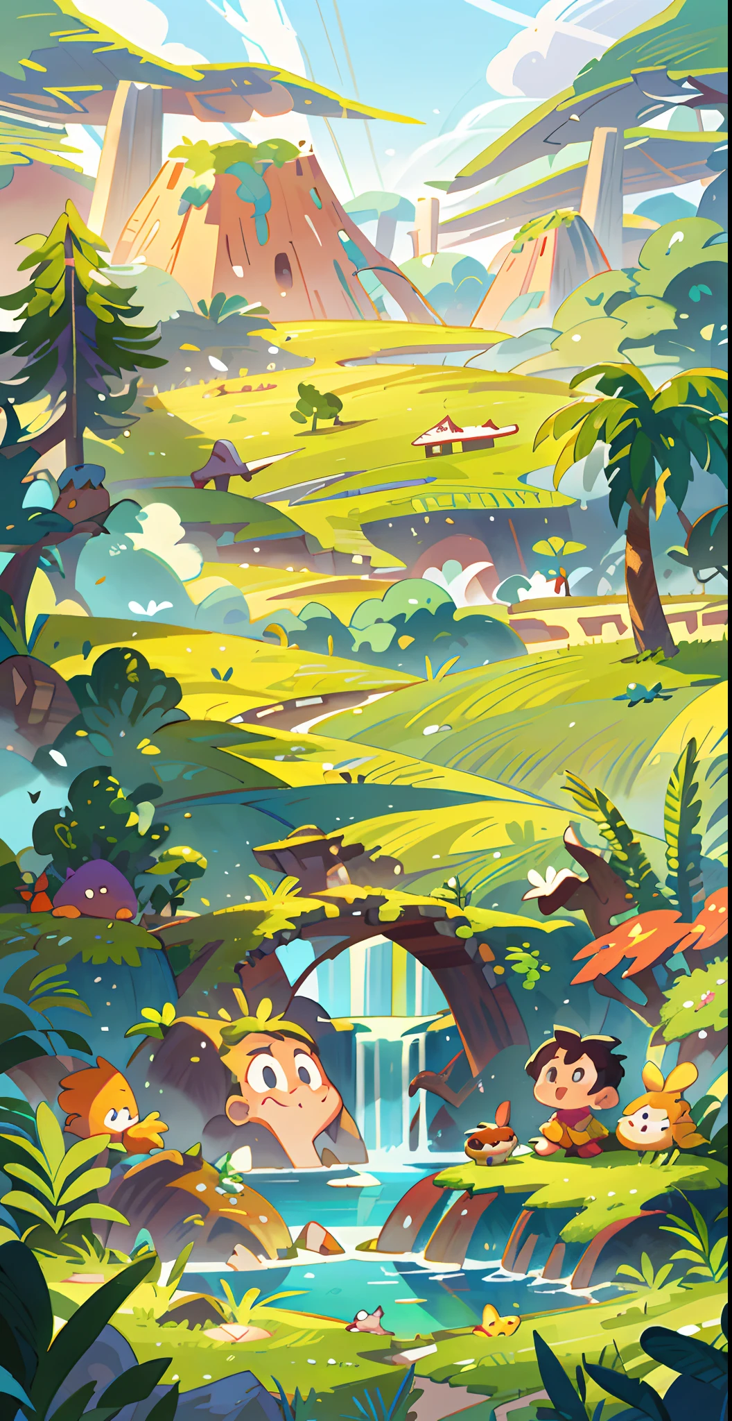 Chinese ancient times, spring, jungle, lake, cave, waterfall, tree, meadow, rock, hot spring, a plant，volcanoes，coconut palms，Antiquity，jurassic，Ancient plants，rios，grass field，grassy fields，Faraway view，mont，volcanoes，cliff，​​clouds，sun light， water vapor, illustration，Cartoon drawing，Lively children's drawing，Illustrations in storybooks，Cartoon coloring page，KIDS ILLUSTRATION，Disney，cartoony，Paramount，dreamworks，(illustration: 1.0), epic composition, realistic lighting, HD details, masterpiece, best quality, (very detailed CG unified 8k wallpaper)