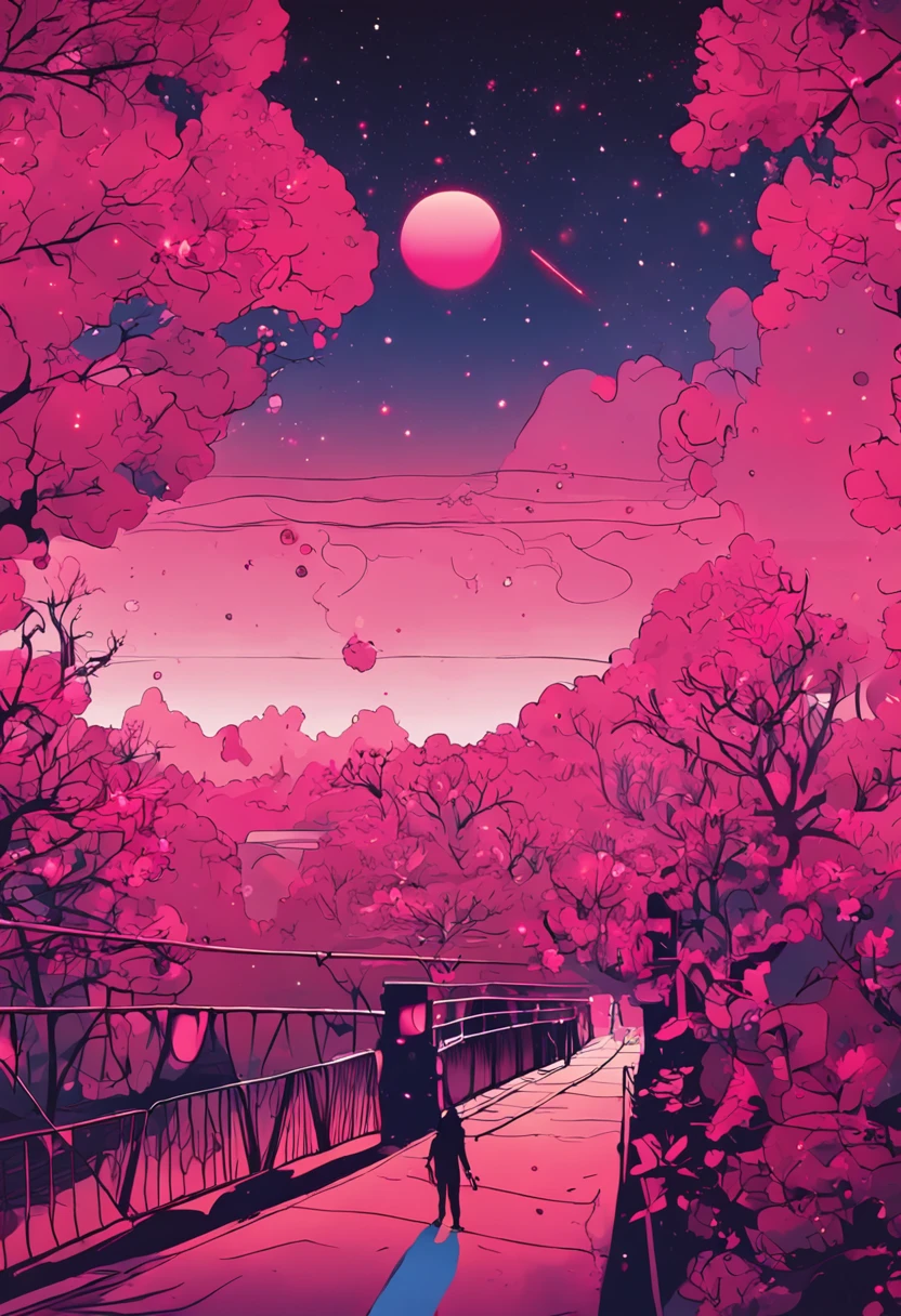 starryskybackground,The overall color is pink,A man and a woman meet on a bridge