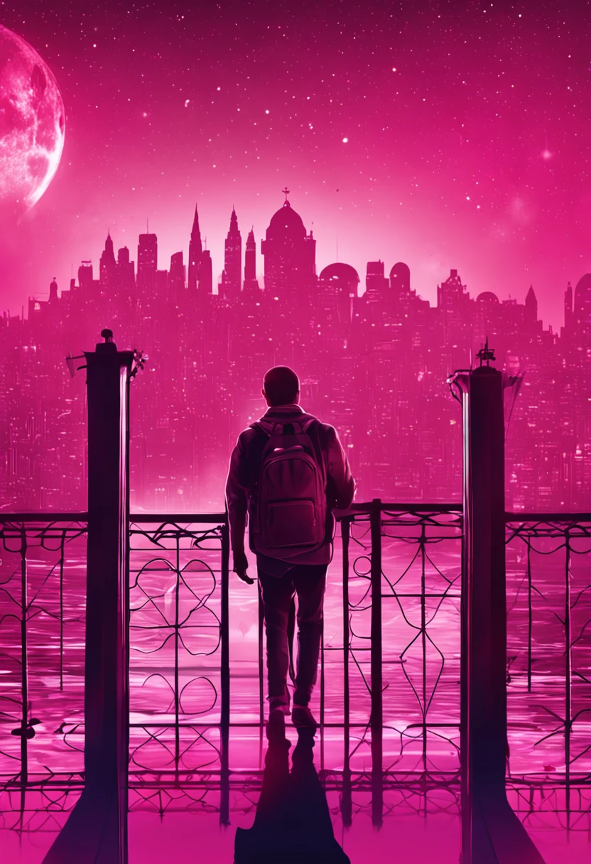 starryskybackground,The overall color is pink,A man and a woman meet on a bridge