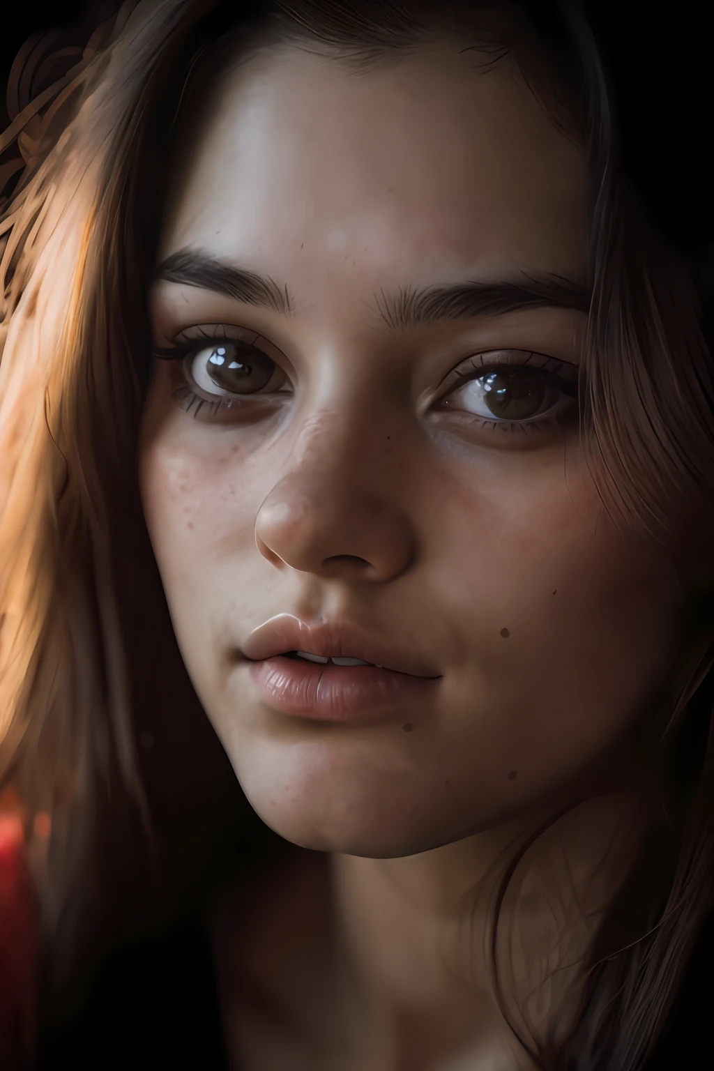(close-up, editorial photograph of a 21 year old woman), (Highly detailed face:1.4) (Smile:0.7) (dark backgrounds, Moody, Private study:1.3) POV, by lee jeffries, Nikon D850, film stock photograph ,4 Kodak Portra 400 ,Camera F1.6 lens ,Rich colors ,Hyper realistic ,Lifelike texture, Dramatic Lighting , cinestill 800,