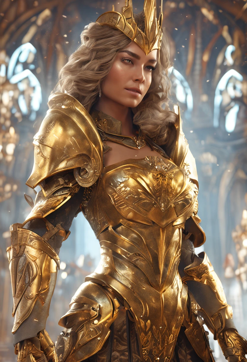Woman in a golden dress, True Art Station, Rainstorm site, detailed fantasy art, Stunning character art, Beautiful and exquisite character art, Beautiful golden armor, Extremely detailed, Girl in shiny armor, Exquisite tiaras and jewelry, Full body capture,