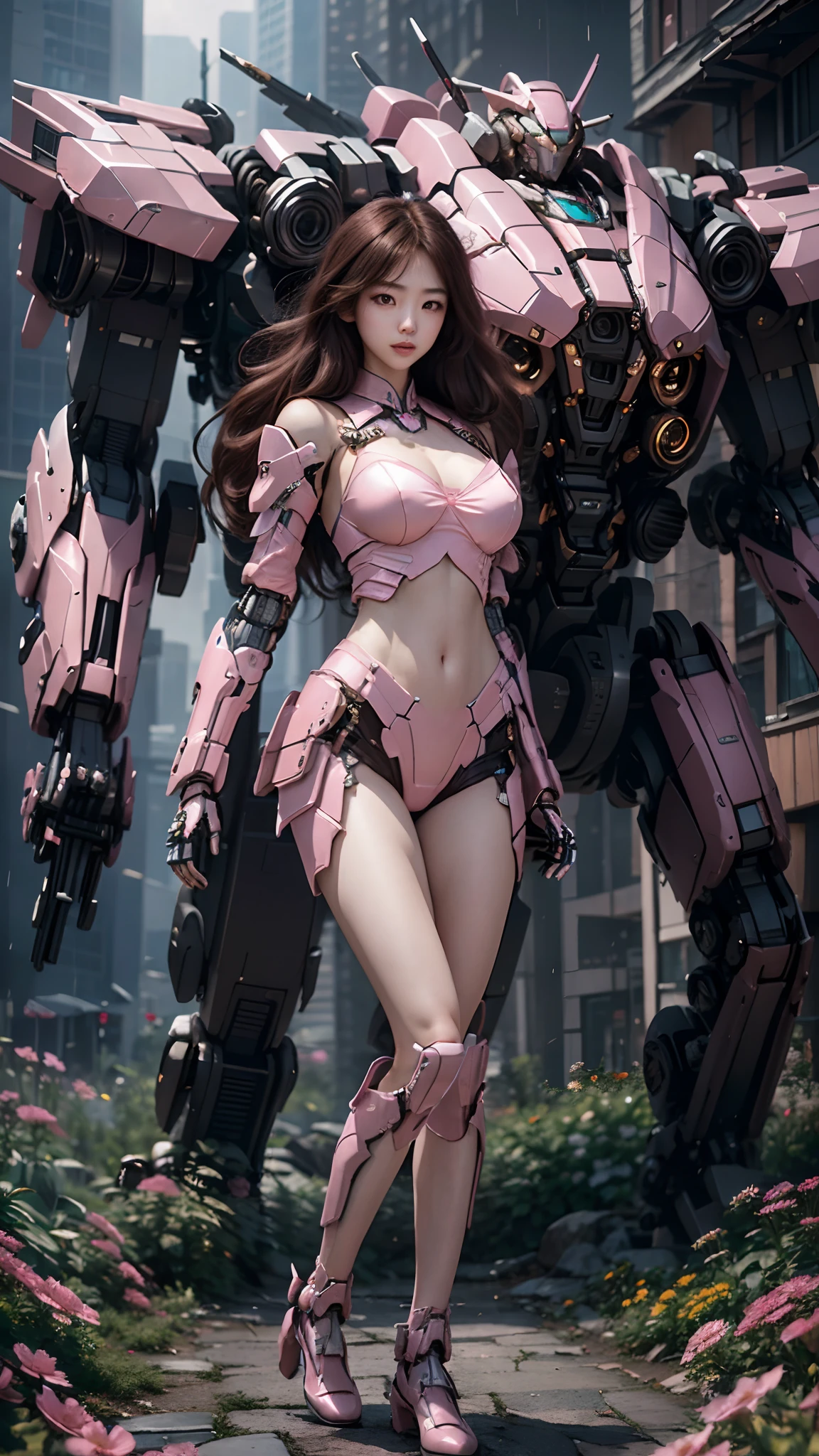 shitu-mecha,
( pureerosface_v1:0.5),mustee,Korean Doll,
Realistic photography,High quality,8k resolution,real photos,(((A mech girl with long hair,brown hair,medium breasts, )),chinese girl, tight fitting, navel),The ground is covered with flowers,shitu-mecha behind the girl,Magnificent and spectacular,full body,mysterious,photo by Brandon Woelfelmist,surreal dream,gray atmosphere,rainy day,dynamic,lut,hdrmprofessional lighting,photon mapping,radiosity,physically-based rendering,delicate realism,araydynamic and expressive animations,
(Pink Style:1.3),