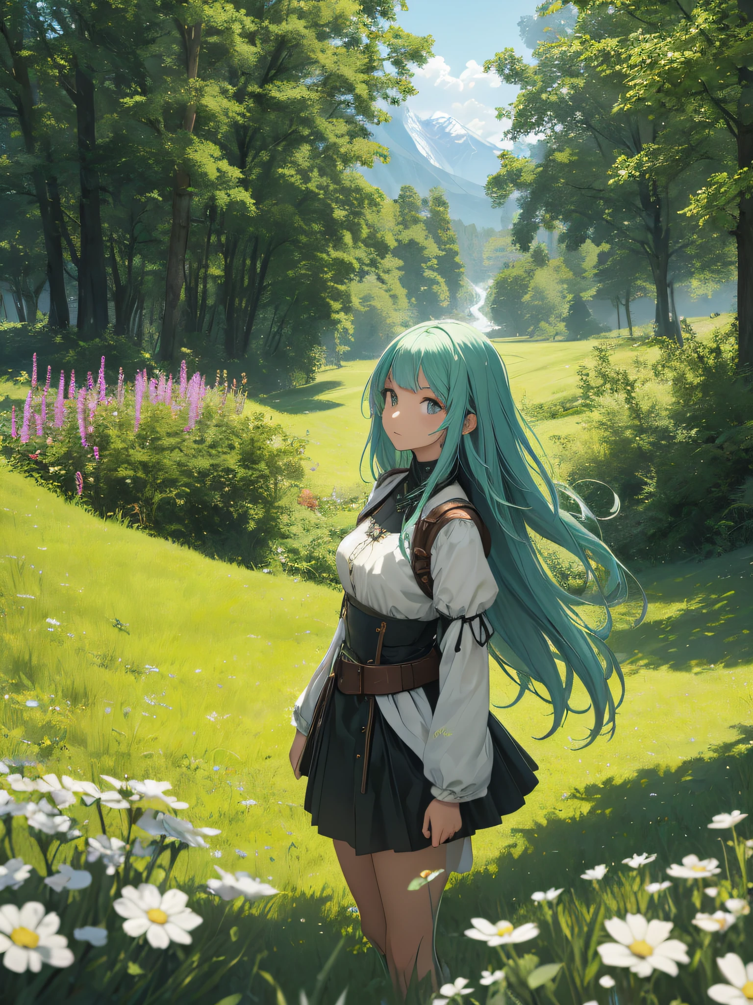 In a green meadow stands a girl leading a group of knights.
BREAK
With a brave expression, she guides them towards their destination.
BREAK
Behind her, a green forest stretches out and beyond that, mountains rise in the distance.
BREAK
The most suitable effect for this scene would be a watercolor painting technique to capture the softness of the meadow and the fluidity of the movement.
