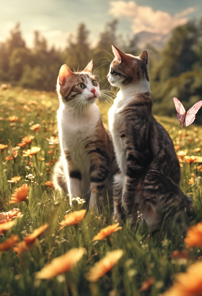 Create a scene of two cats playing butterfly hunting in a sunny field. Highlight the expression of joy and curiosity in the cats' eyes as they jump and try to catch the butterflies