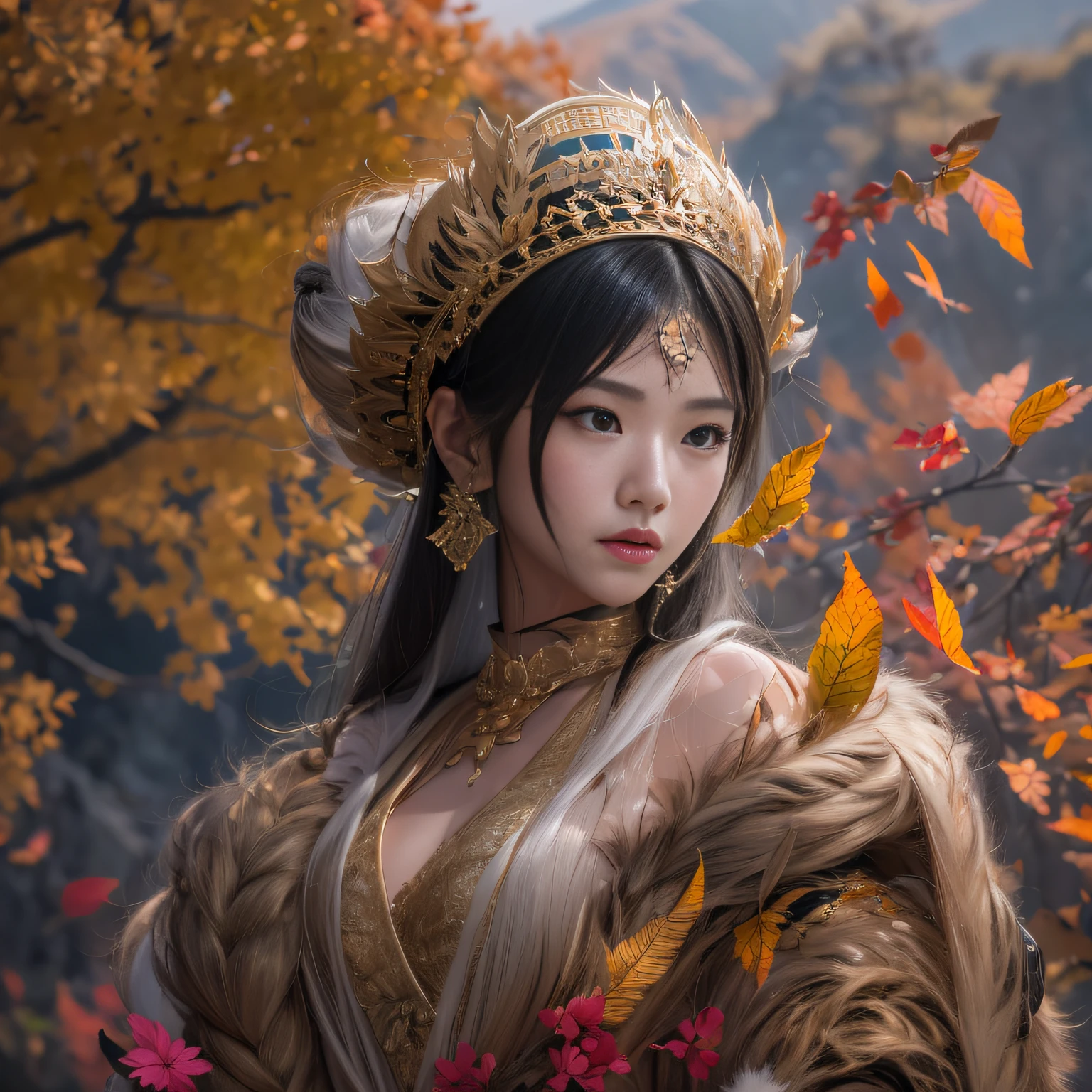 32K(tmasterpiece,k hd,hyper HD,32K)Long flowing black hair,Yellowstone,Tongzhou girl ,Back-Indigo gourd(realisticlying:1.4),Flame linen robe,Purple-pink tiara,The leaves flutter,The canyon background is pure,Hold your head high,Be proud,The nostrils look at people,Bagua Boxing,Taiji Sword,In martial arts practice,jumpping, A high resolution, the detail,autumnal, RAW photogr, Sharp Re, Nikon D850 Film Stock Photo by Jefferies Lee 4 Kodak Portra 400 Camera F1.6 shots, Rich colors, ultra-realistic vivid textures, Dramatic lighting, Unreal Engine Art Station Trend, cinestir 800,Hold your head high,Be proud,The nostrils look at people