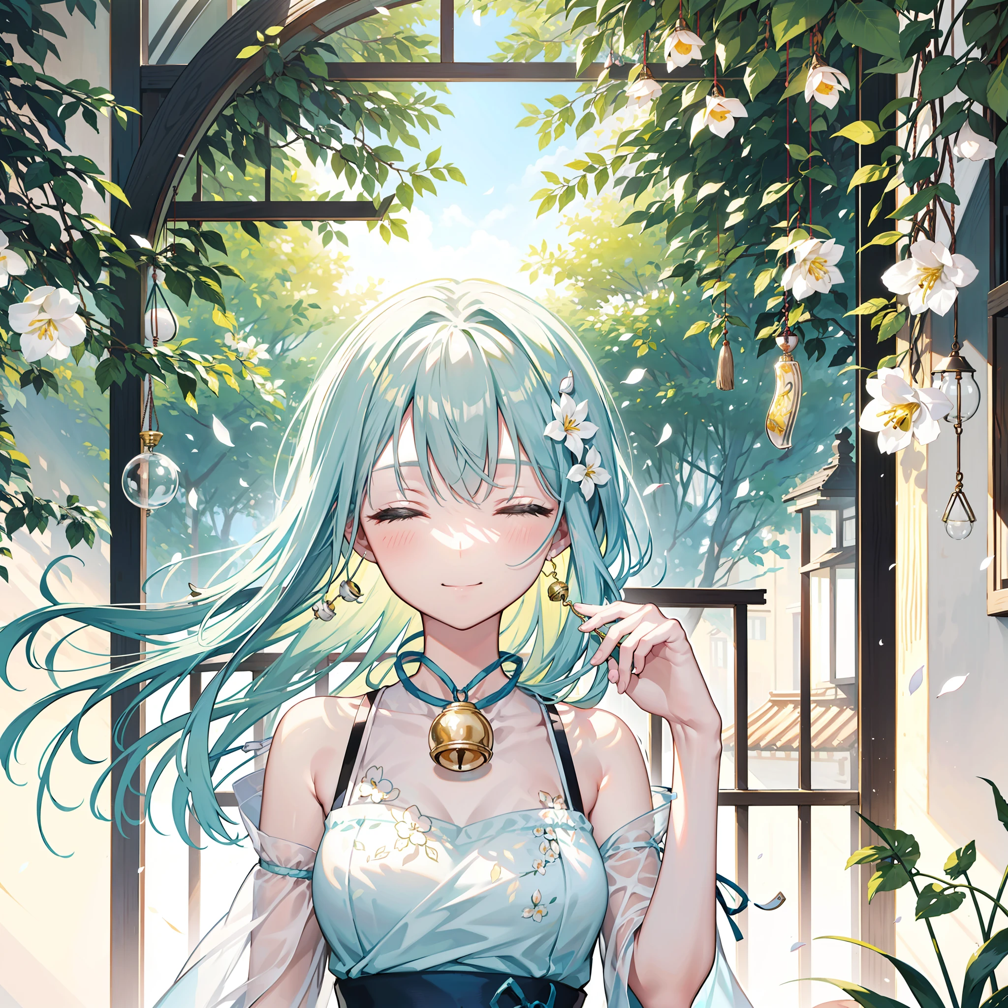 Wind chimes hanging by the window in summer、Wind chimes made of round glass containers with beautiful and delicate floral patterns when the wind blows, The strip at the end of the string attached to the bell shakes and makes a cool sound.........。Woman enjoying sound with closed eyes、Smile。upper body,female focus