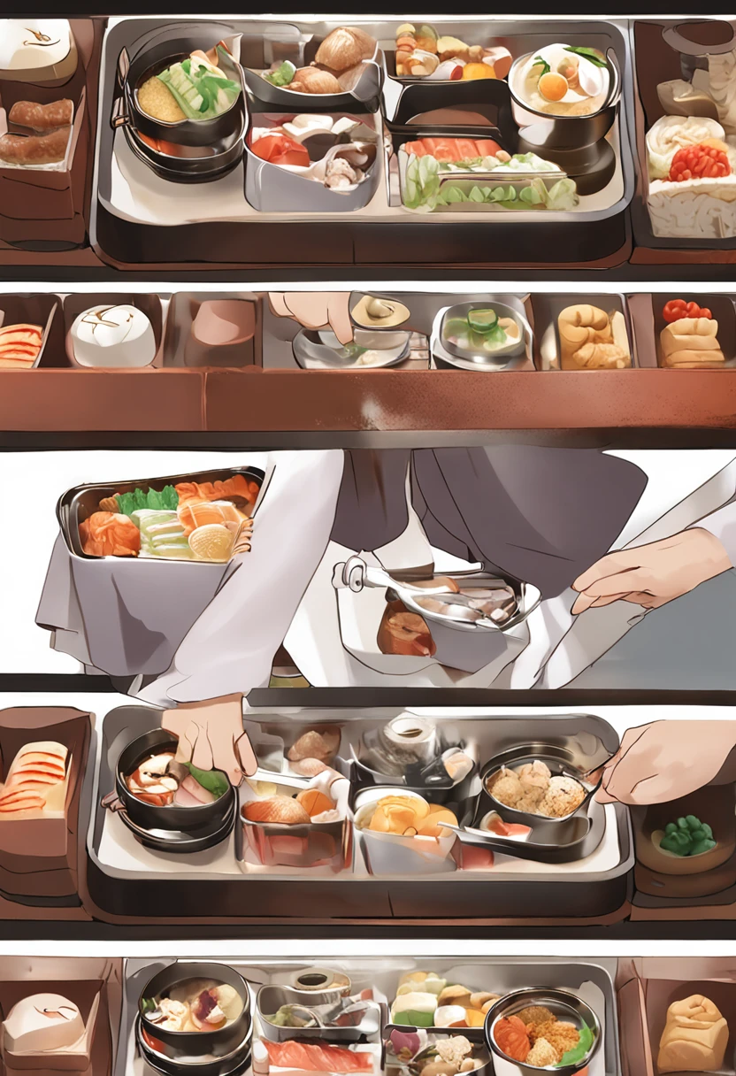 Woman、Bento shop、There are many bento boxes lined up.、Serving is in progress、Culinary White Hat、Brown Apron、Wearing a white mask、Smiling、Precision Photography、4K image、
