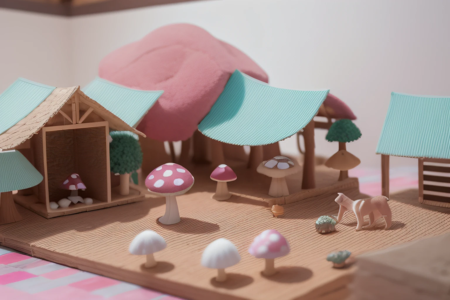 Maquete de Cogumelos. Cogumelos na maquete. mushroom rosa. Farm inside a cardboard box. Cardboard texture. Cardboard dog. Fazenda maquete. Cerca de fazenda em maquete. pink floor. Maquete. mushroom