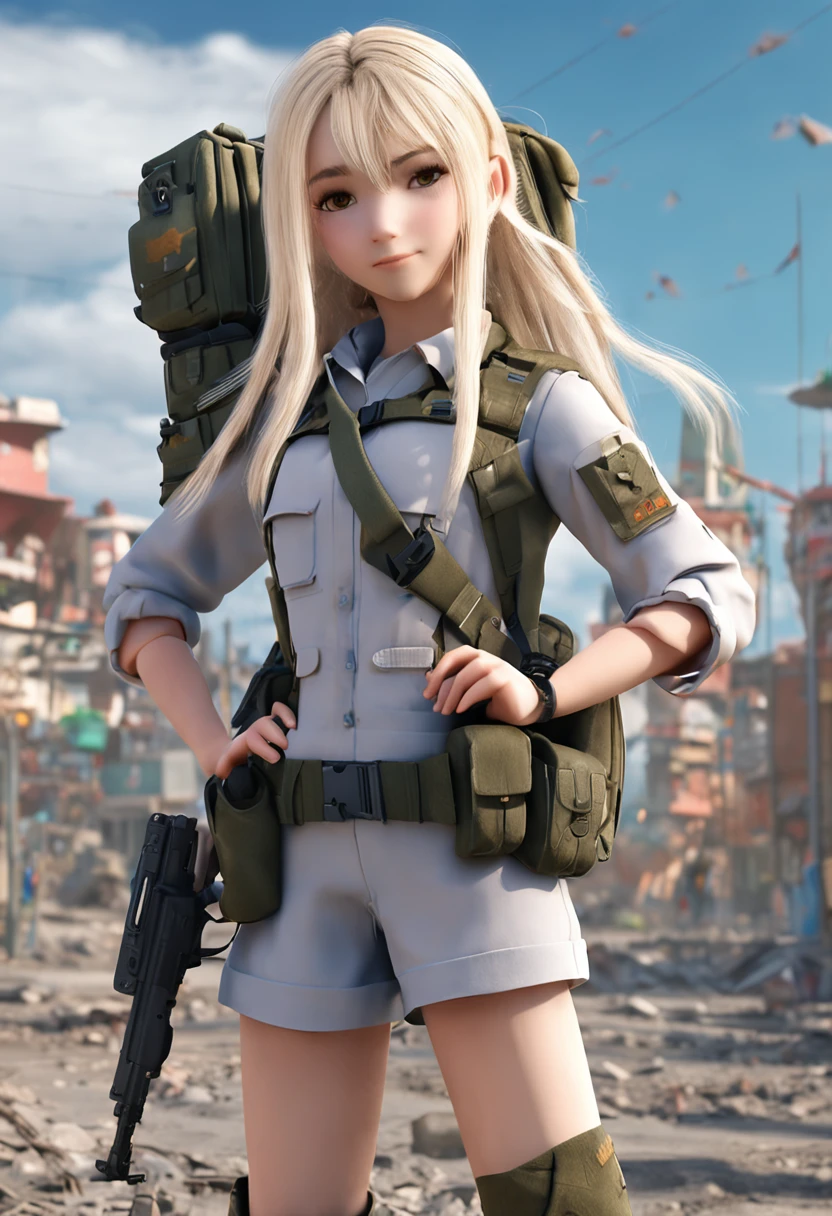 Girl from Ukraine , Ukraine anime girl , ..3d , Ukraine , Full body composition of a young woman with messy light blonde hair, maquiagem dos olhos, 11 anos, orelhas de gato, soft lighting, sozinho, vestido com um velho uniforme militar futurista rasgado e esfarrapado, cat's paw badge, Posar, cores manchadas, octan render, Detalhe intrincado hiperrealista, cinemactic, 8K resolution, 70mm, highlight lighting, global ilumination, retrato de corpo inteiro, limpar rostos detalhados, roupas intrincadas, cara bonito, peito achatado, cintura fina, pernas finas, quadris pequenos