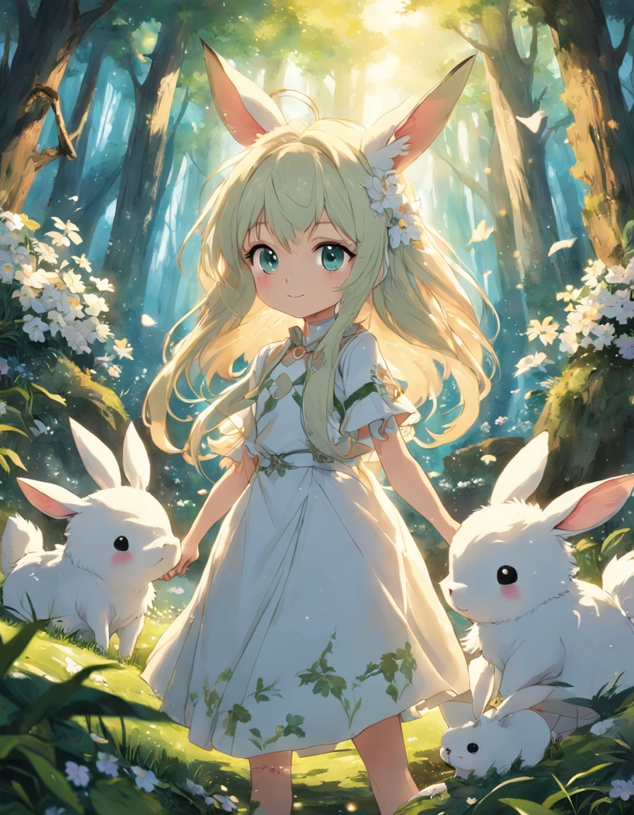 Coelhinho branco fofo, em uma floresta encantada , com muitas arvores, flores, brisa leve,super alegre e feliz,