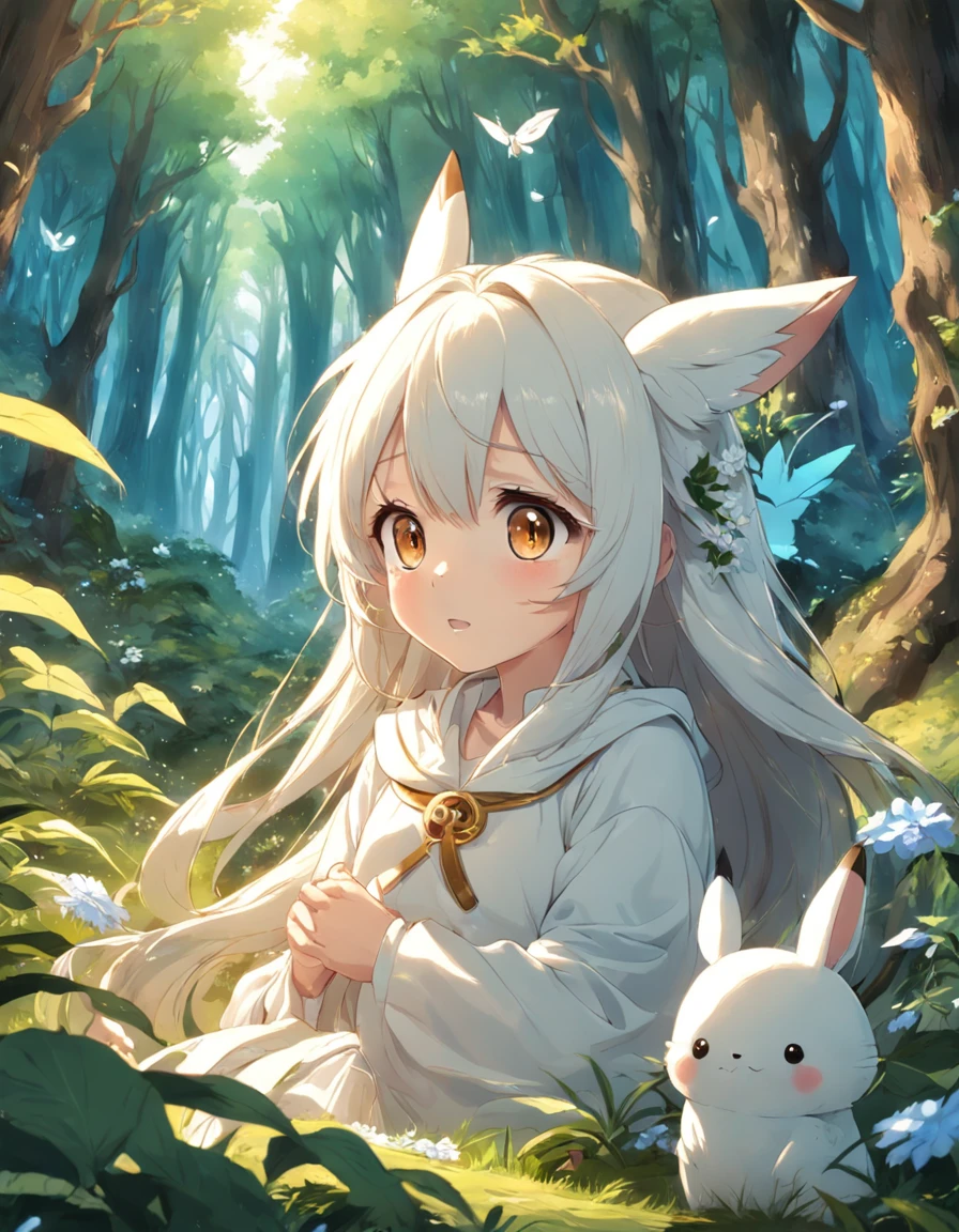 Coelhinho branco fofo, em uma floresta encantada , com muitas arvores, flores, brisa leve,super alegre e feliz,