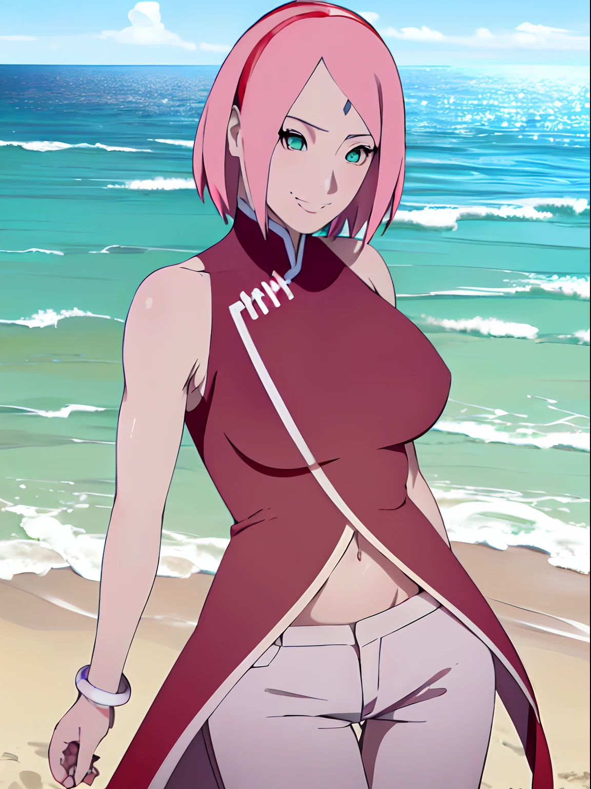 masterpiece, 4k, portrait, closeup, professional artwork, detailed beach background, intricate details, colorful, digital blending, (ultra detailed body, ultra detail hair, ultra detail face), trending on pixiv, kind smile, best quality, anime style: 1.9, 1girl, hires, haruno sakura, (forehead mark, milf, red hairband, pale skin, short hair, ((red sleeveless dress), white pants), (navel, belly button, bracelet, pink hair, closed mouth, big eyes), smile, beach, wind, floating hair, detailed arms, off-shoulders, broad shoulders, slightly muscular arms, (dirty armpits, armpit pocket), standing, winking, one eye closed)