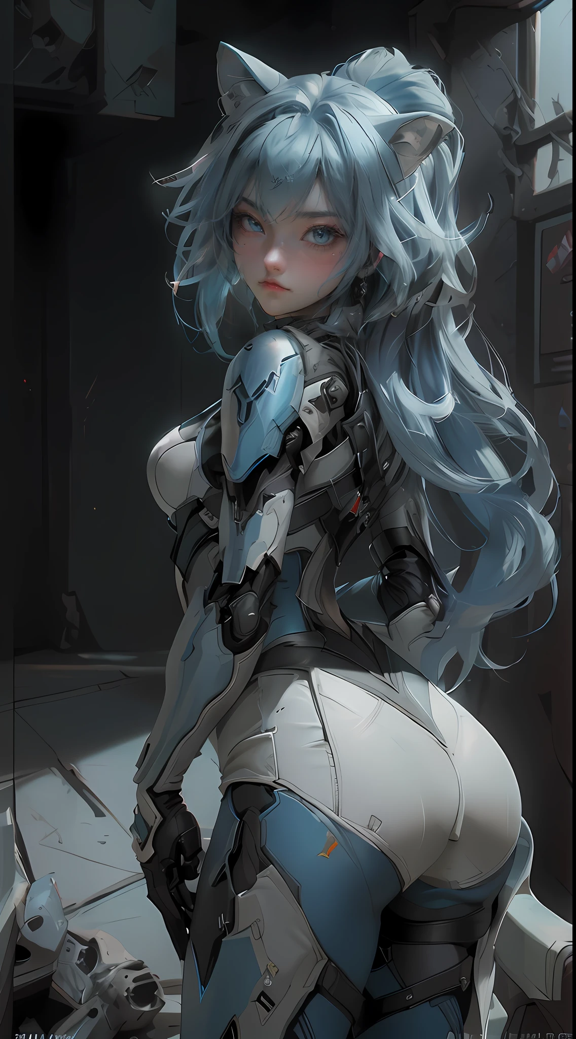 ((Best Quality)), ((Masterpiece)), (Detail: 1.4), 3D,posing from behind A Beautiful Cyberpunk Female Figure, Blue Hair, Mercenary Armor, Cat Ears, HDR (High Dynamic Range), Ray Tracing, NVIDIA RTX, Super-Resolution, Unreal 5, Subsurface Scattering, PBR Texture, Post-Processing, Anisotropic Filtering, Depth of Field, Maximum Sharpness and Sharpness, Multi-layer Texture, Albedo and Highlight Map, Surface shading, Accurate simulation of light-material interactions, Perfect Proportions, Octane Render, Dichroic Light, Large Aperture, Low ISO, White Balance, Rule of Thirds, 8K RAW,