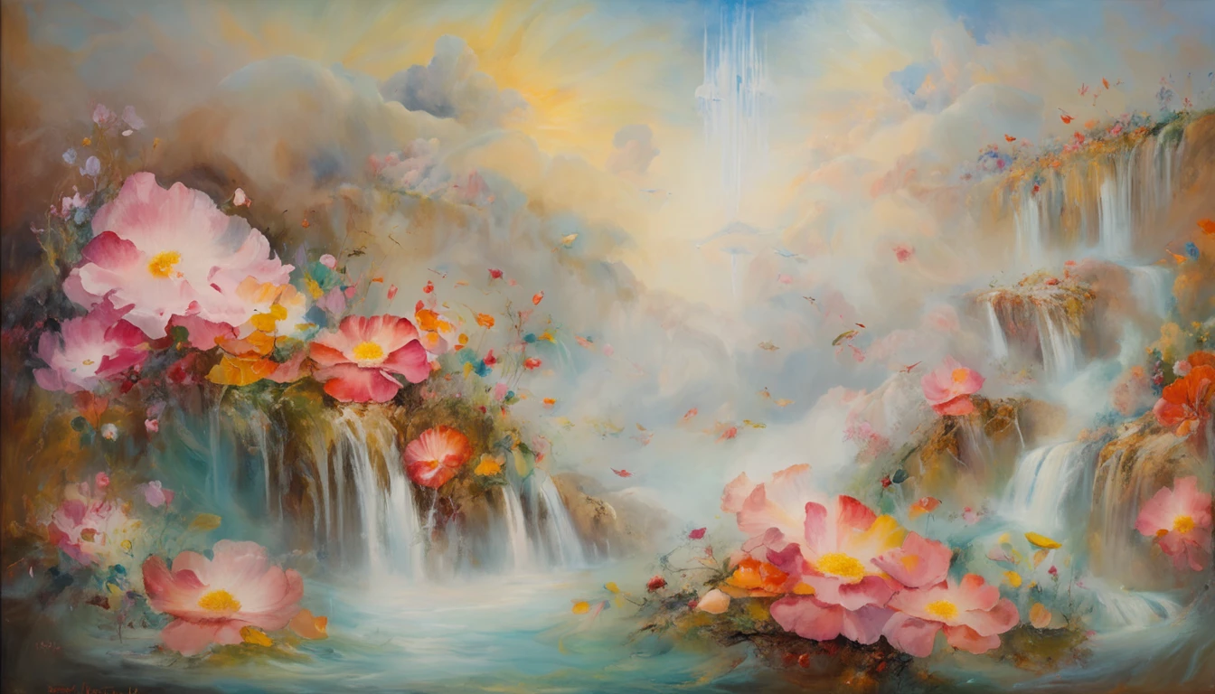 1 Chinese fairy flying over the white clouds, Flowers and running water, The divine realm of the gods, Paradise in the Mist!!!!!!!!, Divine light, super detailing, esoteric equation heaven, Breathtaking, breathtaking art, Everything that floats in the sky, afofuturism, high res, --no boat