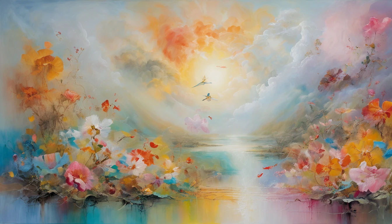 1 Chinese fairy flying over the white clouds, Flowers and running water, The divine realm of the gods, Paradise in the Mist!!!!!!!!, Divine light, super detailing, esoteric equation heaven, Breathtaking, breathtaking art, Everything that floats in the sky, afofuturism, high res, --no boat
