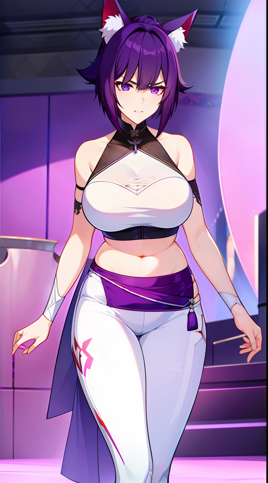 Adult woman, short purple hair with white strands, Fox ears, violet eyes, Chinese Battle Dress, neckline on the chest, open belly, tight pants, Fox tails, angry, Masterpiece, hiquality