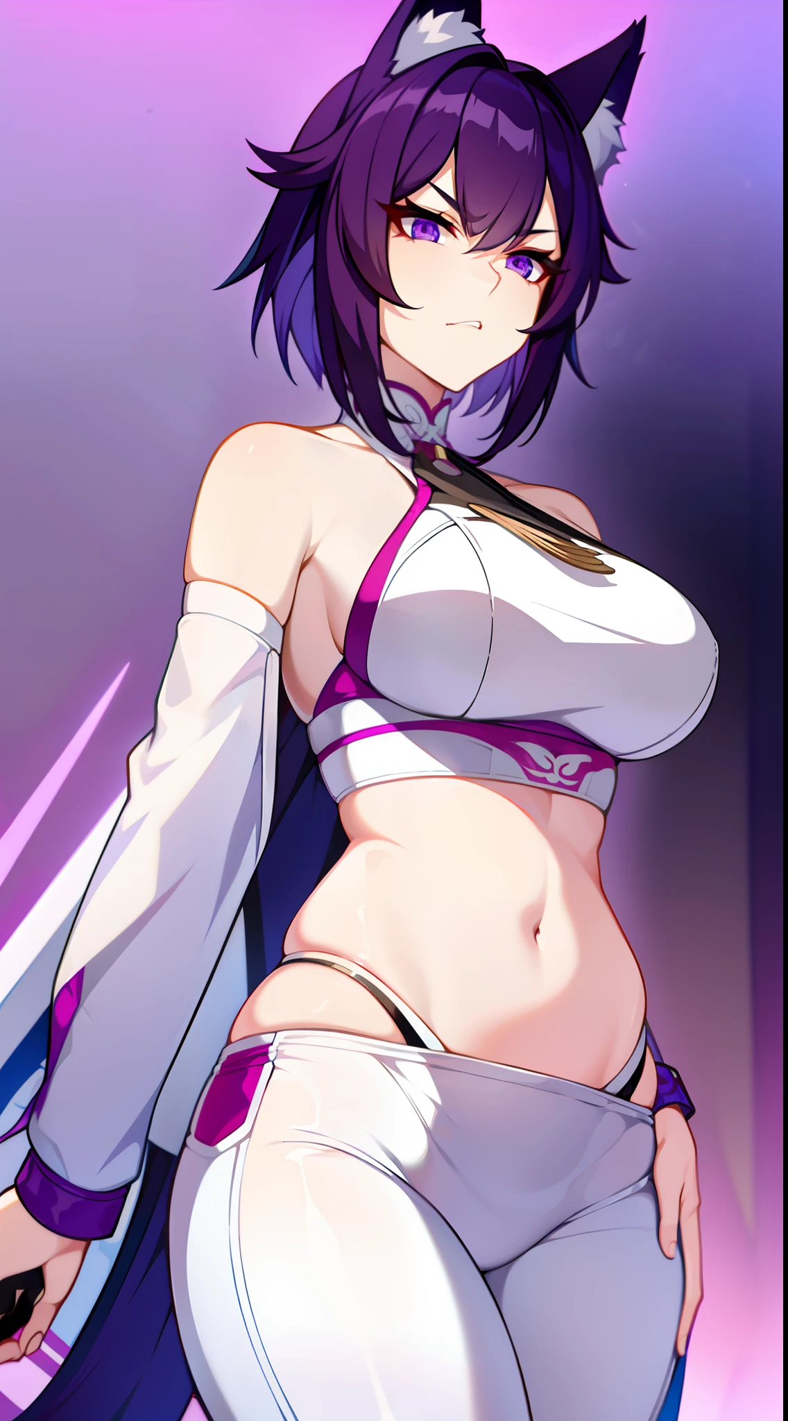 Adult woman, short purple hair with white strands, Fox ears, violet eyes, Chinese Battle Dress, neckline on the chest, open belly, tight pants, Fox tails, angry, Masterpiece, hiquality
