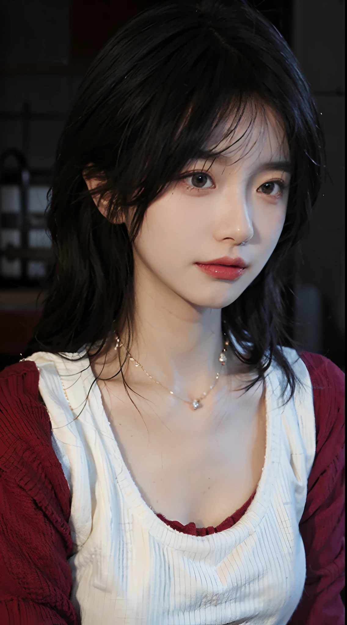 best qualtiy, 超高分辨率, (realisticlying:1.4),Baoyu Girl,1girll, with long coiled hair,Looking into the distance,nedium breasts:1.4,Cropped red sweater,a sense of atmosphere,Beautiful woman with a slim figure:1.4, Abs:1.4,,Ultra-fine face,Elaborate Eyes,二重まぶた,choker necklace