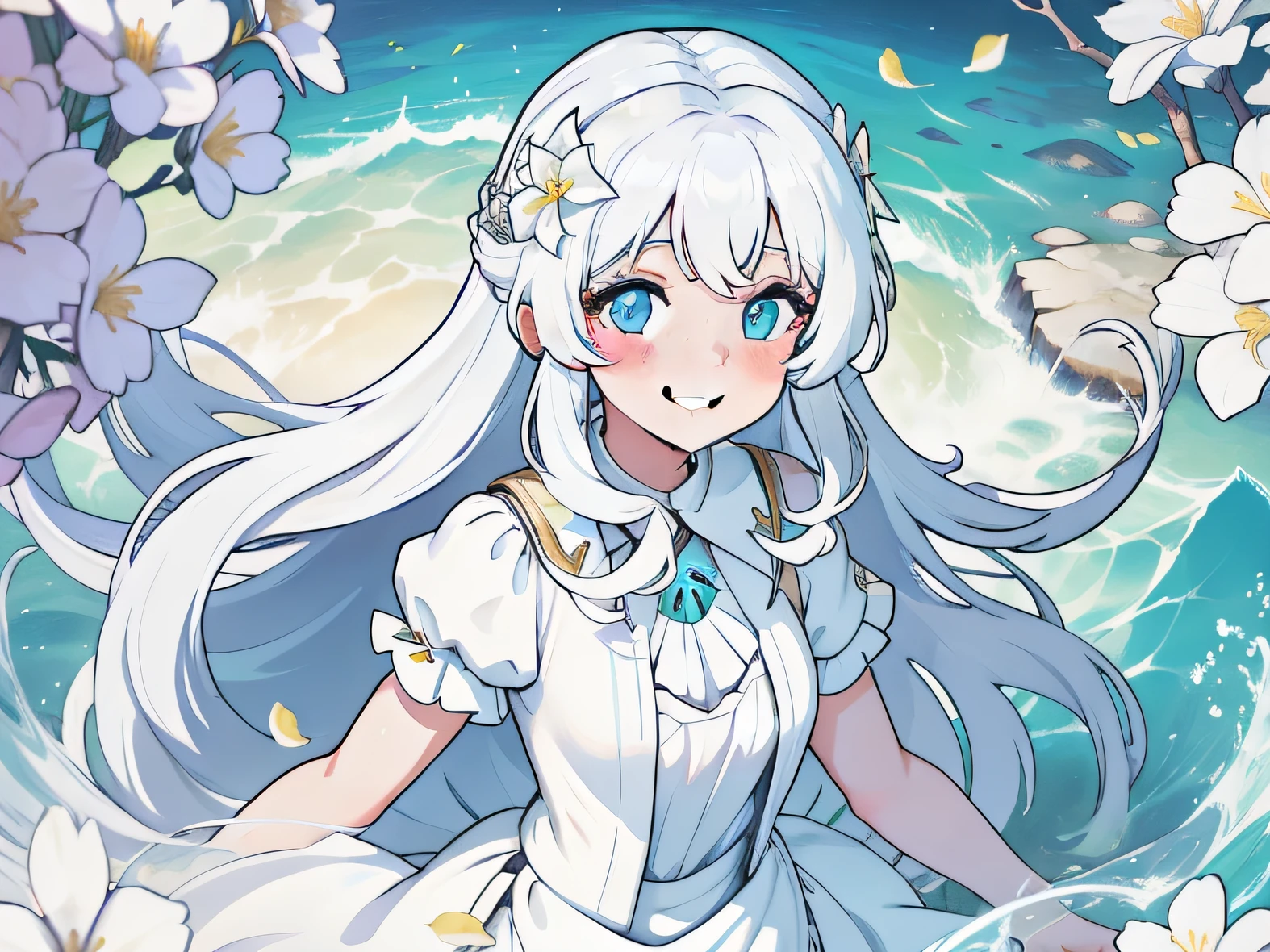 4K high quality RTX shader,Smiling,Wearing a white dress,Stand in a sea of flowers,Heterochromia of the pupils,long whitr hair,white color hair,