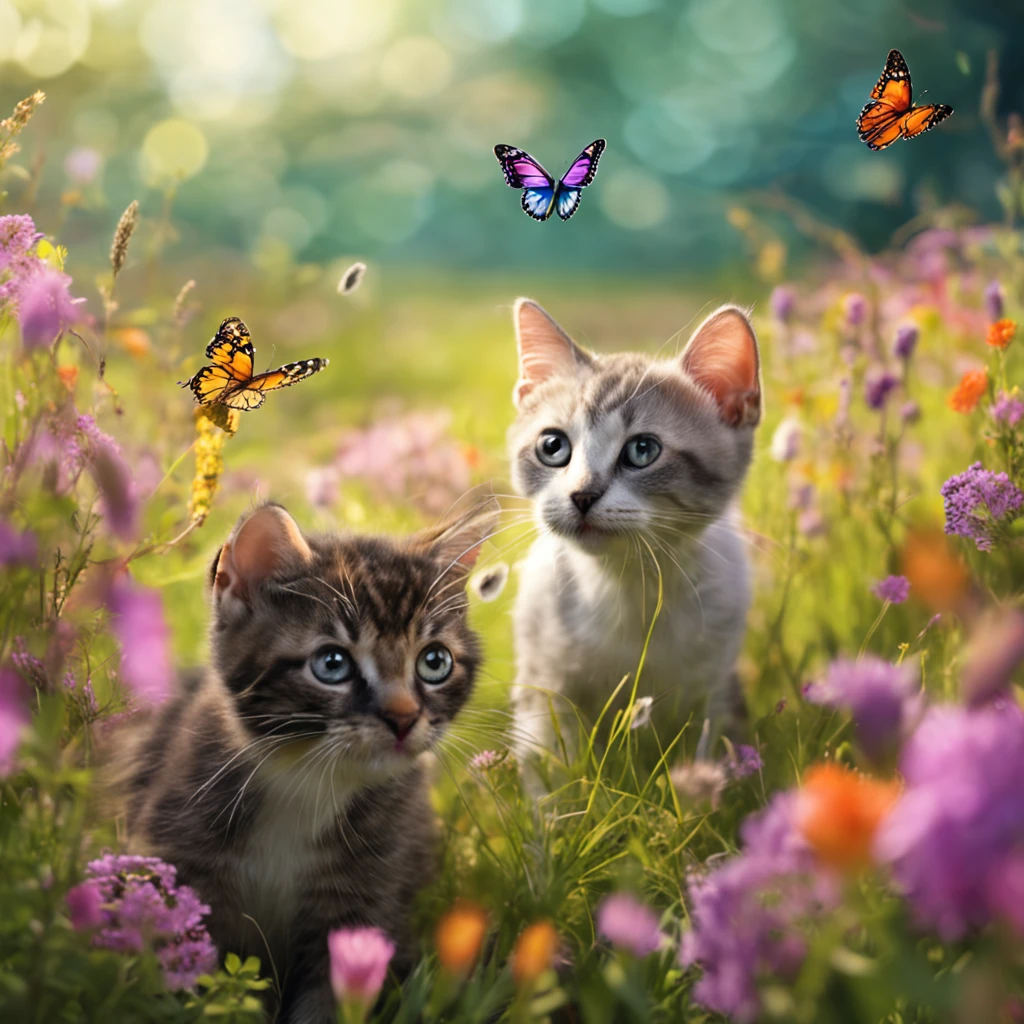 Create a scene of two cats playing butterfly hunting in a sunny field. Highlight the expression of joy and curiosity in the cats' eyes as they jump and try to catch the butterflies