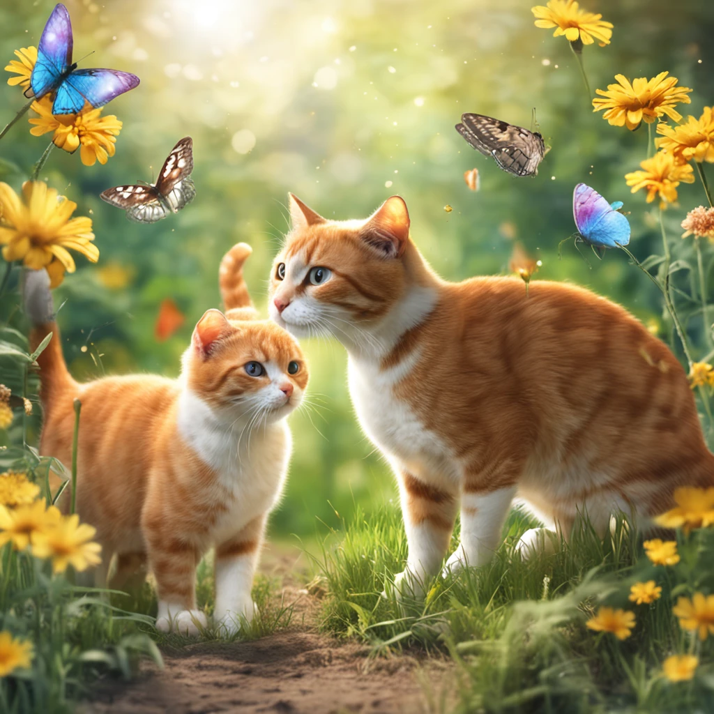 Create a scene of two cats playing butterfly hunting in a sunny field. Highlight the expression of joy and curiosity in the cats' eyes as they jump and try to catch the butterflies
