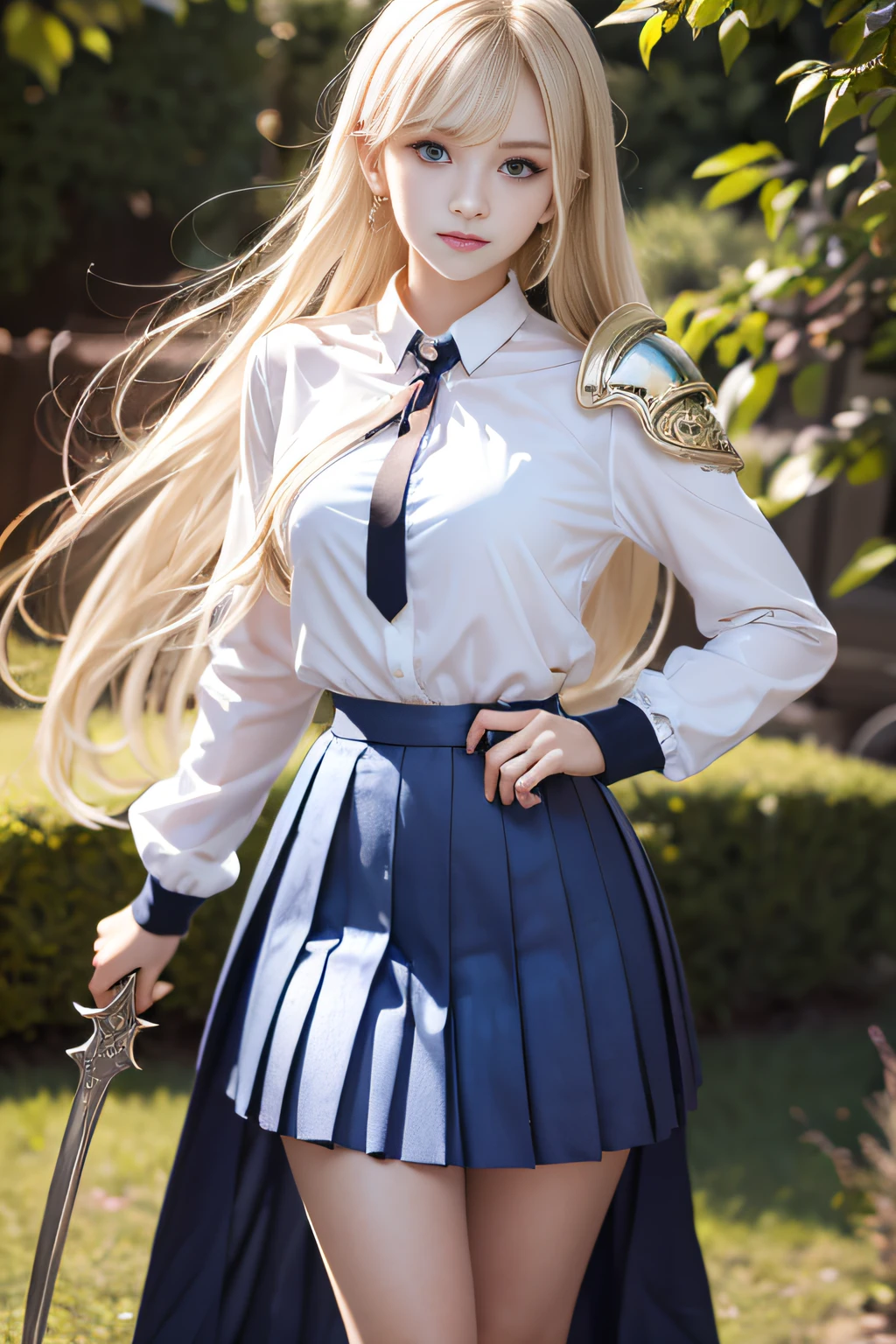 bright expression、poneyTail、Young shiny shiny white shiny skin、Best Looks、Blonde reflected light、Platinum blonde hair with dazzling highlights、shiny light hair,、Super long silky straight hair、Beautiful bangs that shine、Glowing crystal clear attractive big blue eyes、Very beautiful nice cute girl、Lush bust,Beautiful detailed eyes, beautiful detailed nose,(( Full body:1.25)),Makeup that the eyes emphasize、((Pleated skirt with many folds)),(Women like Joan of Arc)、s Armor、Knights, With a sword and shield,Royal style,Comic style, , Sub-surface scattering, ornate detail, nature backdrop, Hyper-realistic, Cinematic, Dramatic Lighting, masutepiece