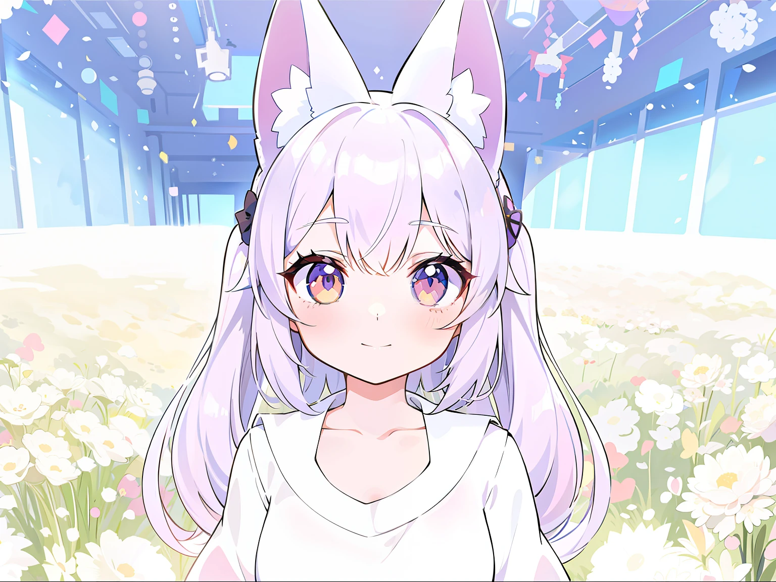 Anime girl with long hair and white shirt standing in a flower field, anime girl with cat ears, cute anime catgirl, Girl with cat ears, anime catgirl, beautiful anime catgirl, Anime moe art style, White Cat Girl, Girl with fox ears, White fox ears, Holo is a wolf girl, nekomimi, Fox ears