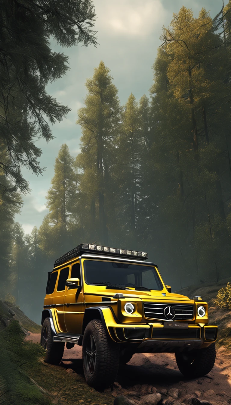ultra-realistic image，Forest road，Driving a Mercedes-Benz G off-road SUV