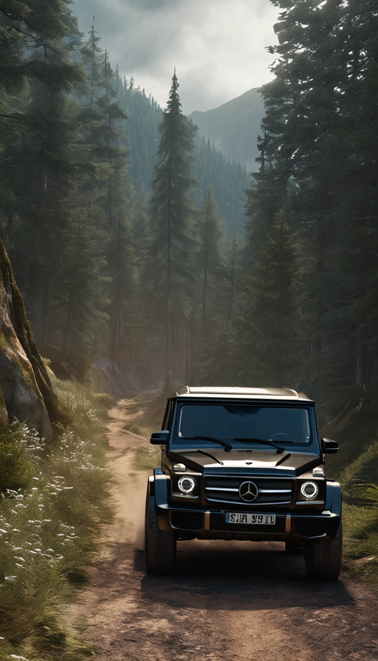ultra-realistic image,Forest road,Driving a Mercedes-Benz G off-road SUV