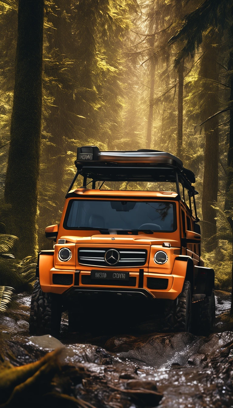 ultra-realistic image,Forest road,Driving a Mercedes-Benz G off-road SUV