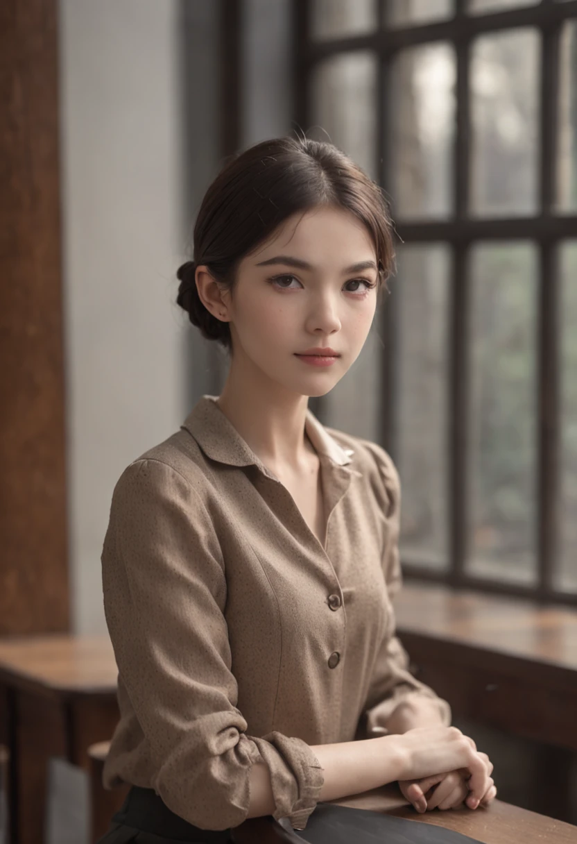 top-quality,ultra-clear resolution,hiquality,Delicate texture,High school girl sitting on desk in classroom,short-cut,A dark-haired