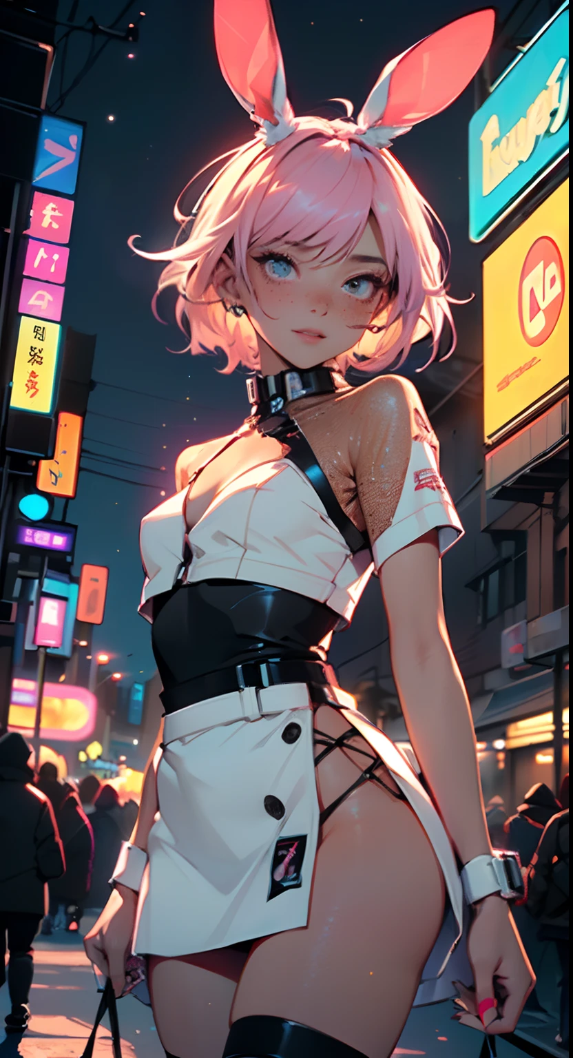 cute little bunny loli,(((little loli,small tiny body,petite))),(((6 ))),((anime little bunny loli with extremely cute and beautiful fuchsia hair walking down the street)),(((bunny girl,anthro furry cute,bunny-girl))),(((bunny ears,bunny ears on head,big bunny ears))),
(((flat chest))),(((fuchsia hair:1.35,short fuchsia hair,colored inner hair,ear breathing,))),((heterochromia,eye1 fuchsia,eye2 pink,perfect eyes,upturned eyes:1.3,beautiful detailed eyes,finely detailed beautiful eyes:1,big highlight on eyes:1.2,slanted eyes)),(((freckles on the face,freckles,freckled girl))),(((lustrous skin:1.5,bright skin: 1.5,skin tanned,shiny skin,very shiny skin,shiny body,plastic glitter skin,exaggerated shiny skin))),(delicate detailed fingers,detailed body,detailed arms,human hands,(detailed face)),
cute,slutty,,erotic,(((nsfw))),
zettai ryouiki,revealing clothing,show skin,((rave shirt,neon colored shirt,rave mini-skirt,visible thong straps)),(wearing a rave outfit:1.3,rave clothes,semi-naked,with little clothing,),(detailed outfit,detailed clothes),
(dynamic pose:1.0),solo focus,embarrassed,centered,scale to fit dimensions,Rule of thirds,
outdoors,((night view)),(very pretty city neon synthwave,cyberpunk night street Background:1.5,dark sky,thick clouds),future vehicles,((neon lights)),thick clouds,(cyberpunk style,neon lights, (synthwave theme background), lonely street),(((detailed background:1.25))),
(best quality),(high resolution),(sharp focus),(ultra detailed),(extremely detailed),(extremely high quality artwork),8k_wallpaper,(extremely detailed CG 8k),(very fine 8K CG),((hyper super ultra detailed perfect piece)),flawless,(((masterpiece))),illustration,vibrant colors,(intricate),High contrast,Selective lighting,Double exposure,HDR (High Dynamic Range),Post-processing,Background blur,