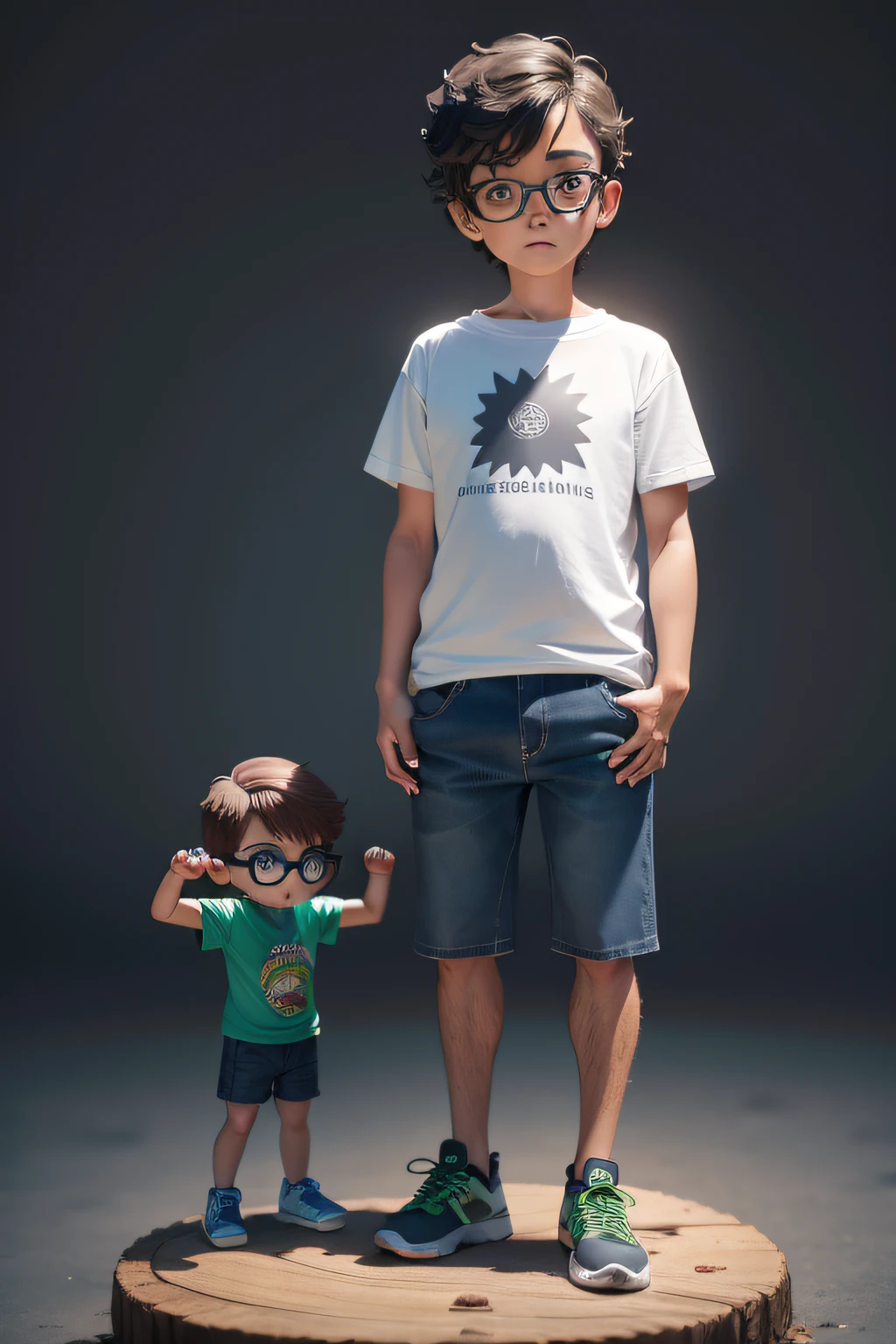 Pequeno reparador bonito de 39 anos , huge head, gradient hair , wearing thin-framed round glasses, olhos altamente detalhados,frontal, encaixar , Wearing gradient short-sleeved shirt and dark blue jeans and black running shoes,Clima de Hip Hop, whole body view, Highly detailed hands ,figuras de brinquedo,melhor qualidade, Desenhos animados 3d,whole body view, fantasia, Sonho, Surrealismo, super fofo, trending on artstat